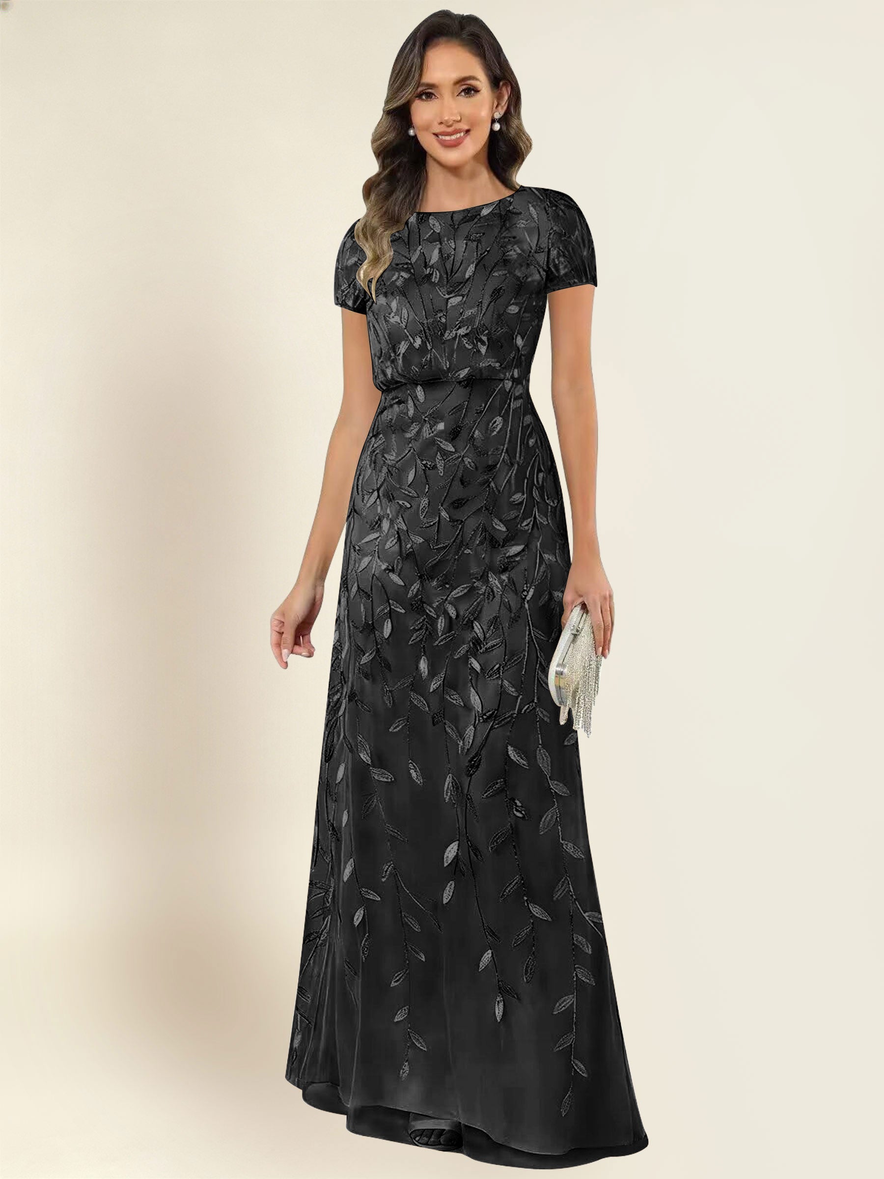 ROVDESY Sequin Mermaid Long Mother Of The Bride Dress With Short Sleeves Formal Gown