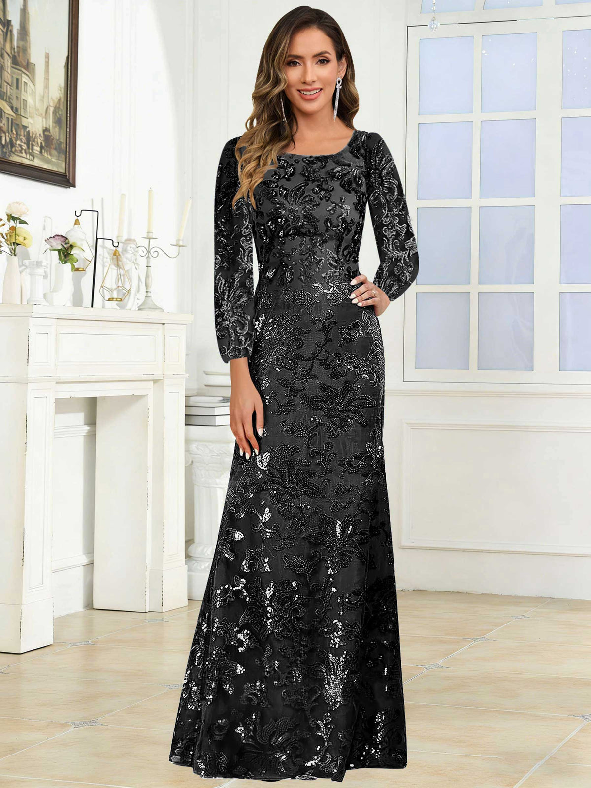 Crew Neck Sequin Lace Long Sleeve Mother of the Bride Dress