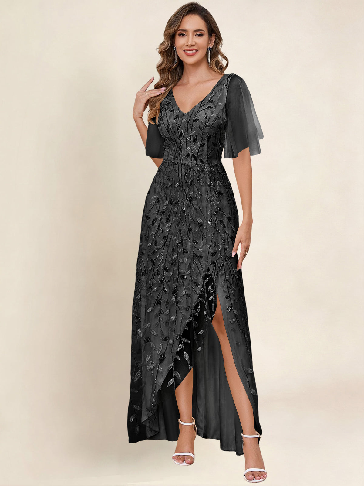 V Neck Sequin Tulle A Line Mother of the Bride Dress with Sleeves