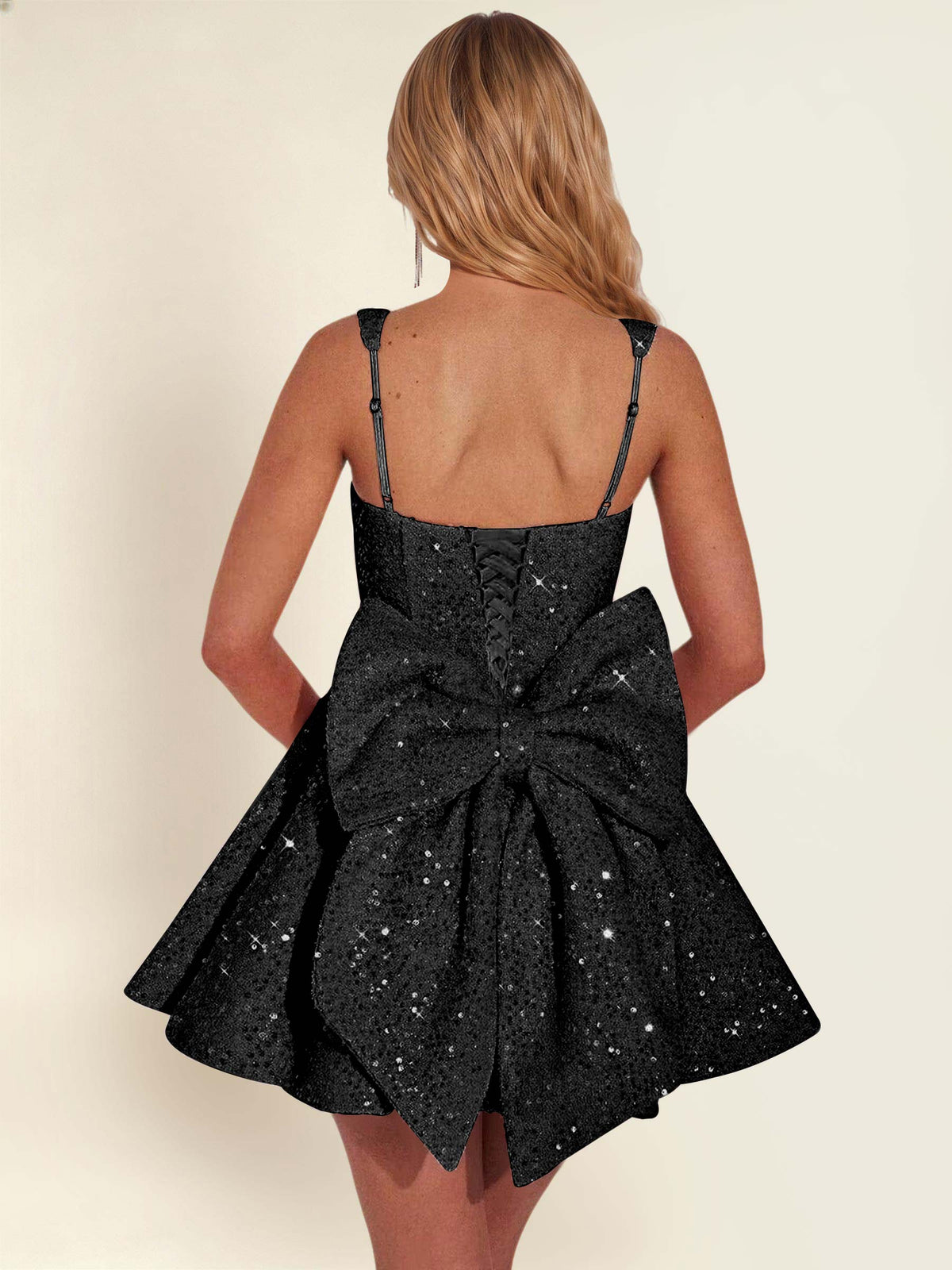 ROVDESY Sparkly Sequin A-Line Square Neck Homecoming Mini Dress With Big Bow
