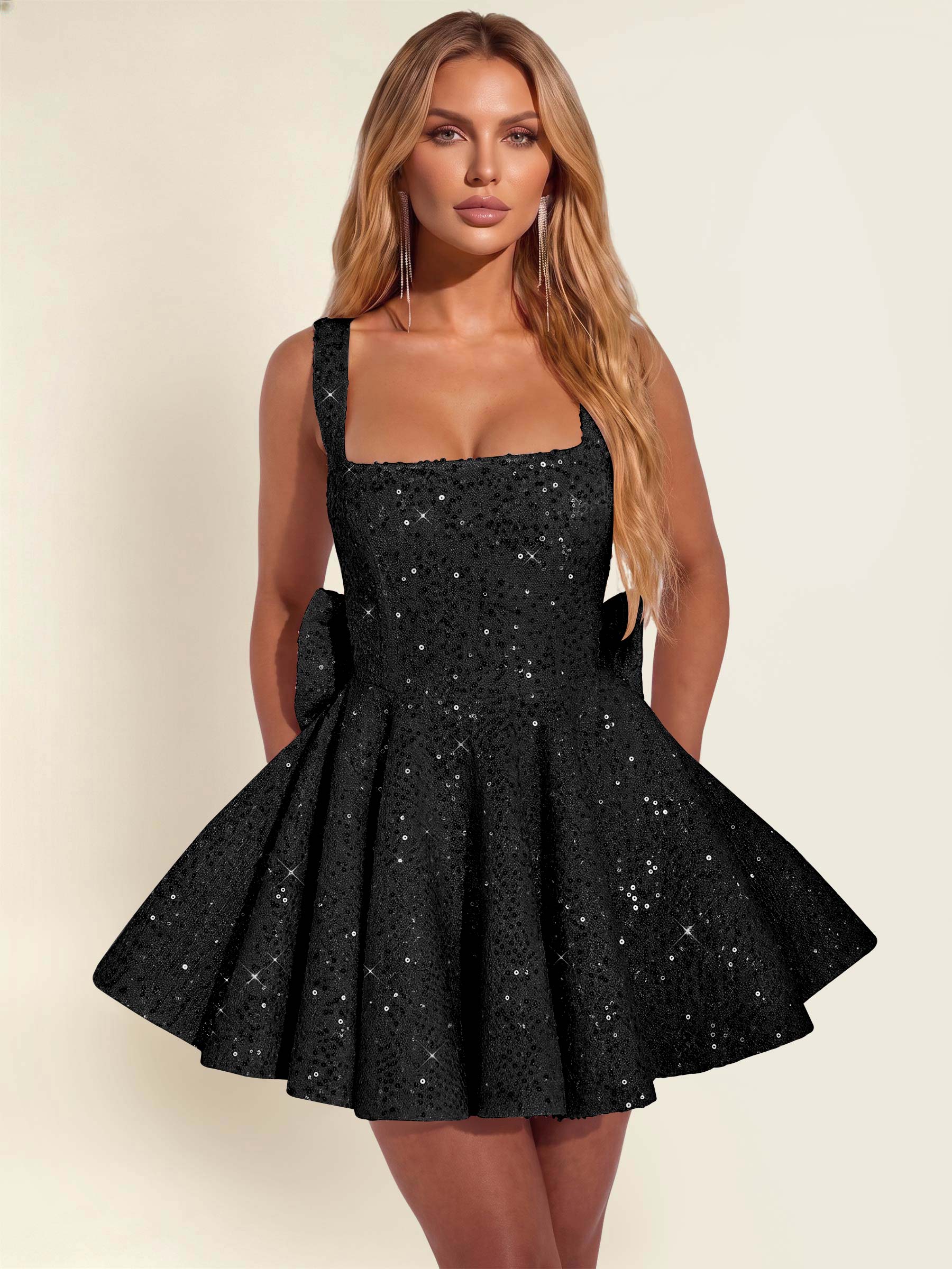 ROVDESY Sparkly Sequin A-Line Square Neck Homecoming Mini Dress With Big Bow