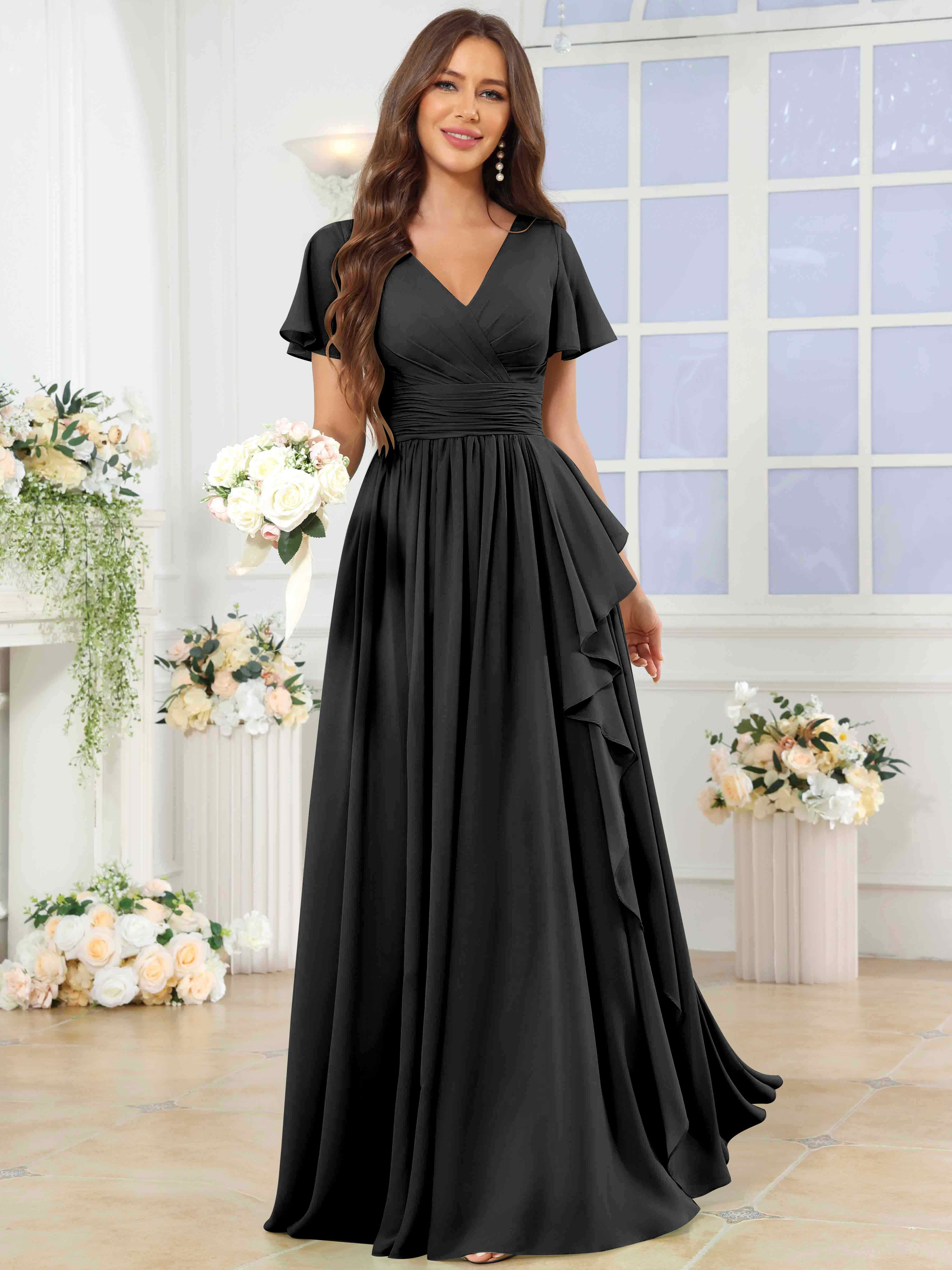 ROVDESY A-Line V-Neck Slit Pleated Ruffle Chiffon Bridesmaid Dress With Short Sleeves