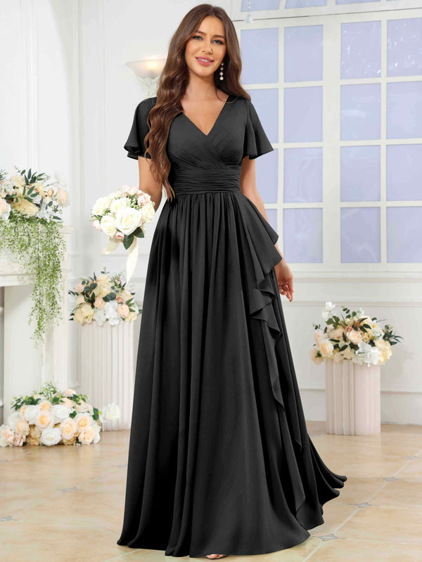 A-Line V-Neck Slit Pleated Ruffle Chiffon Bridesmaid Dress With Short Sleeves