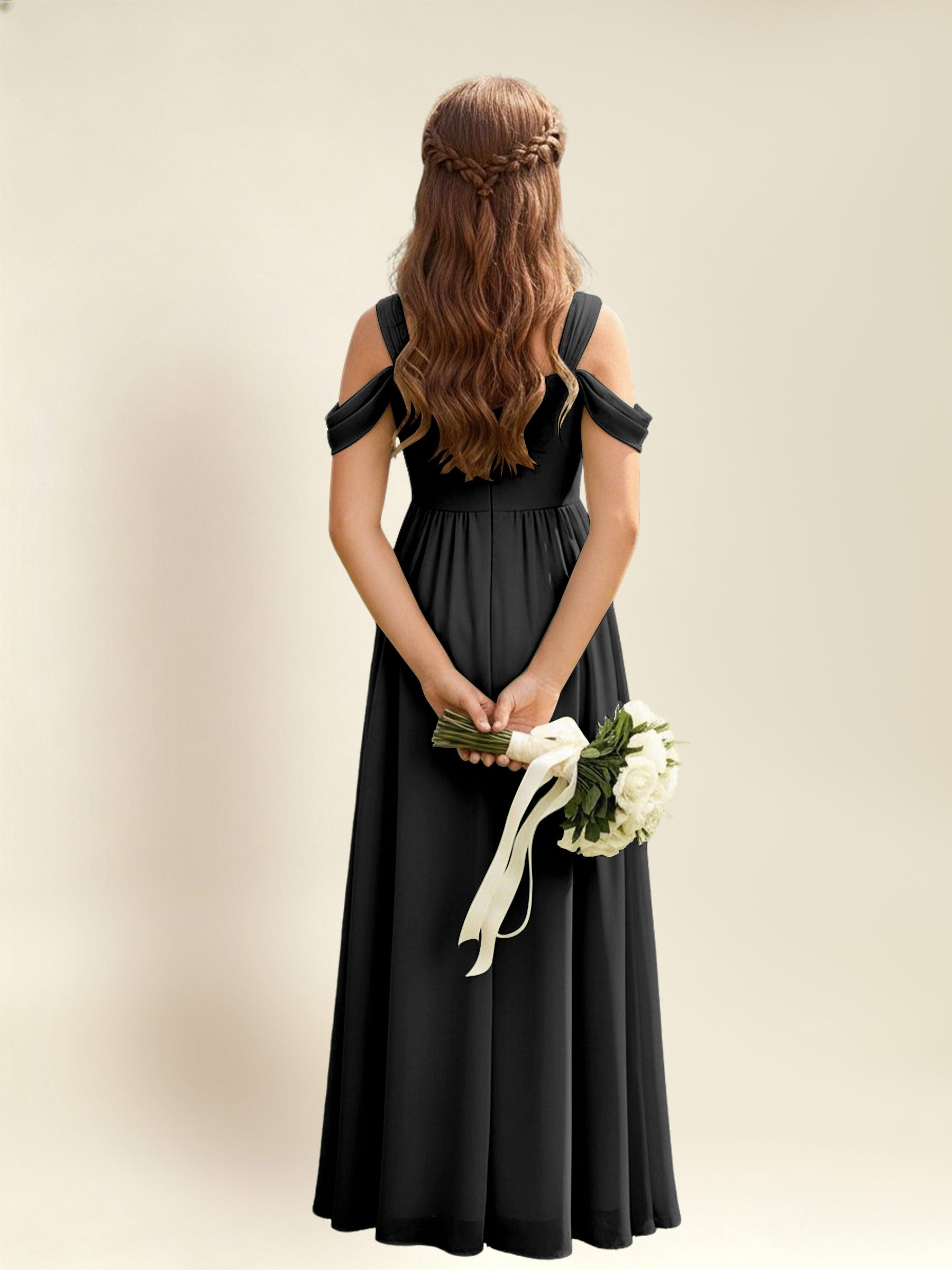 ROVDESY A-Line Off The Shoulder Pleated Chiffon Junior Bridesmaid Dress