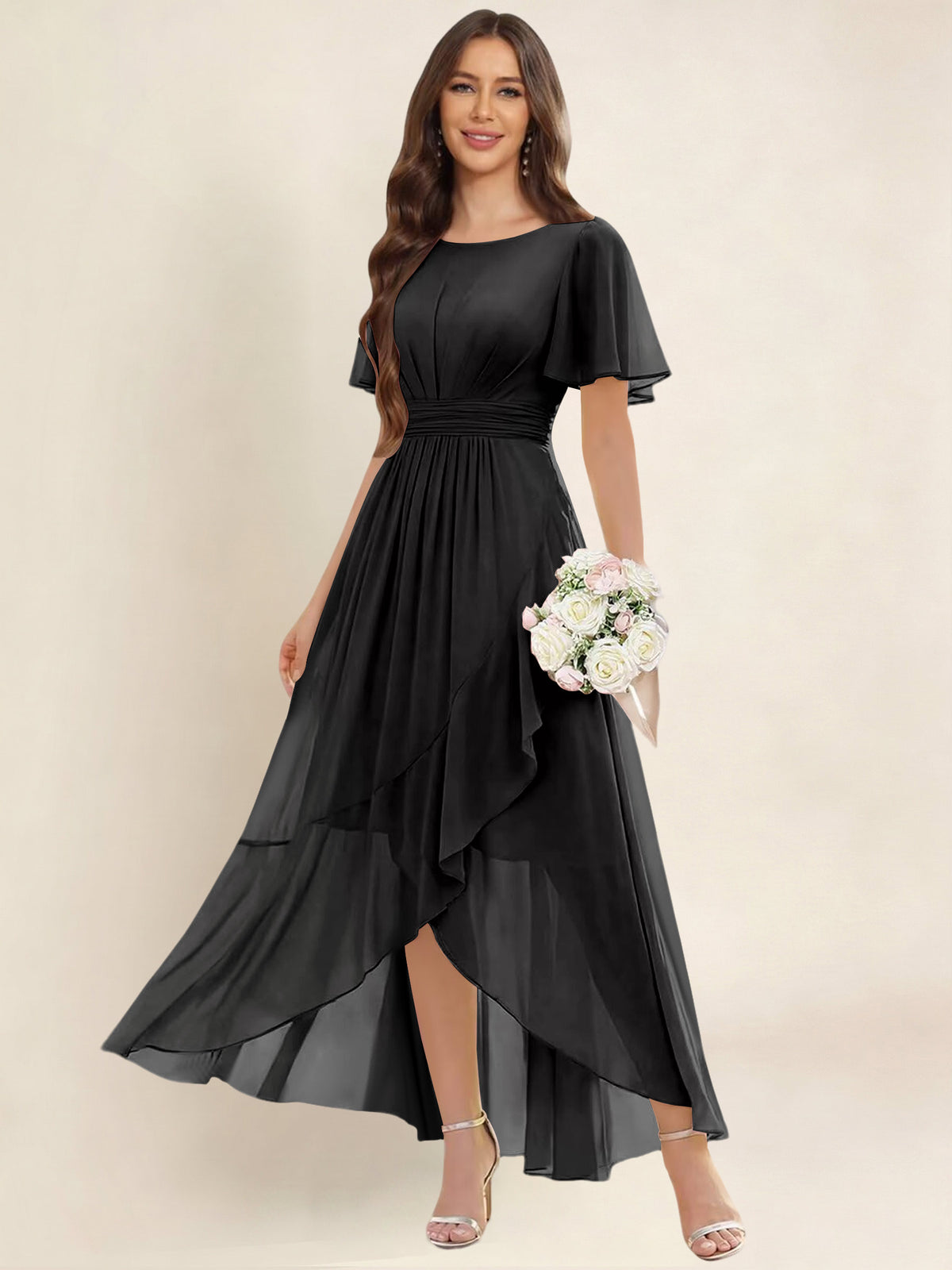 ROVDESY A-Line High Low Round Neck Pleated Ruffle Chiffon Bridesmaid Dress With Short Sleeves