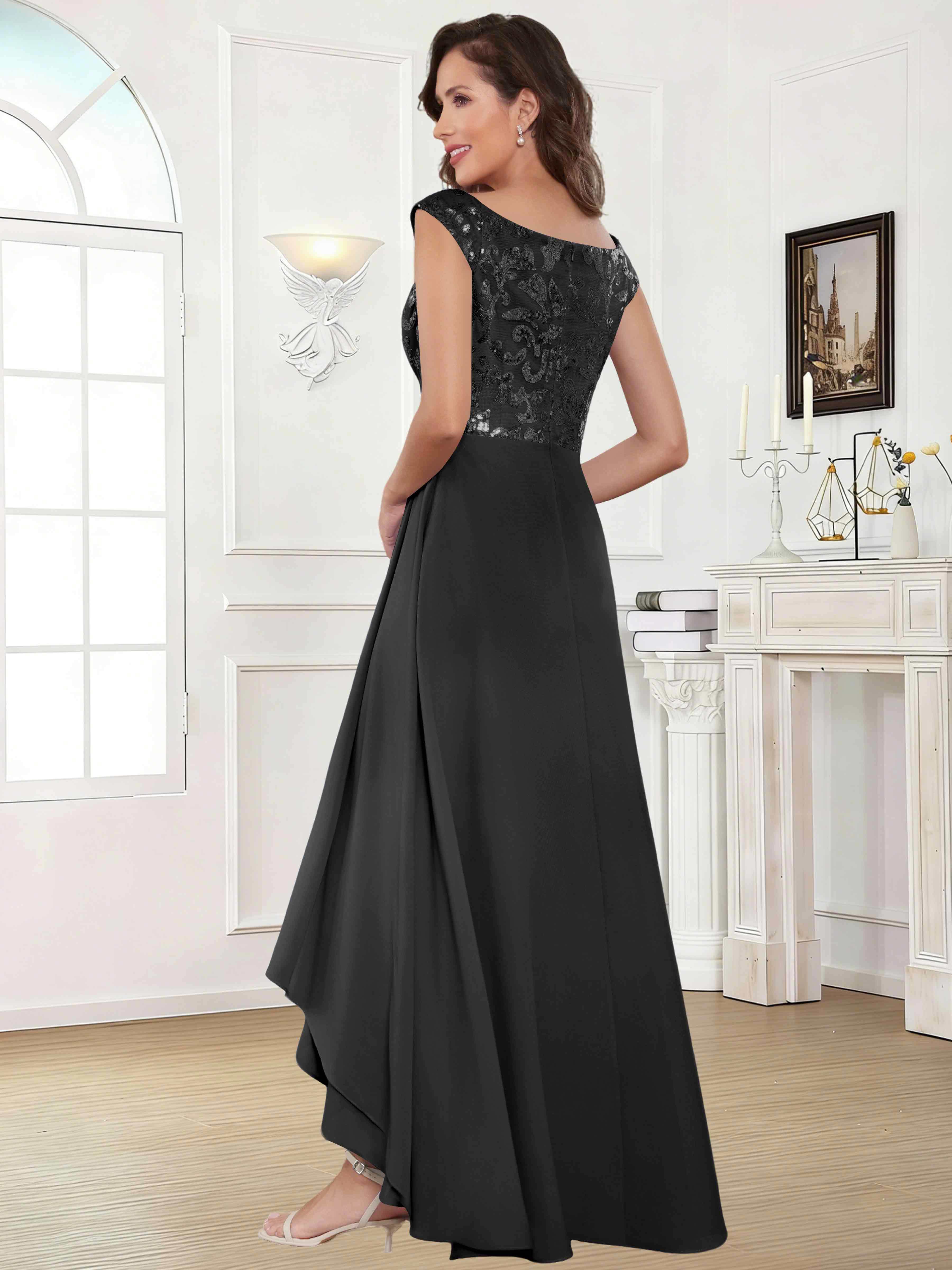 ROVDESY Tea Length Off-The-Shoulder Sequin Chiffon Mother Of The Bride Dress