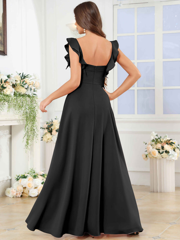 Square Neck Ruffle Chffion Bridesmaid Dress With Slit