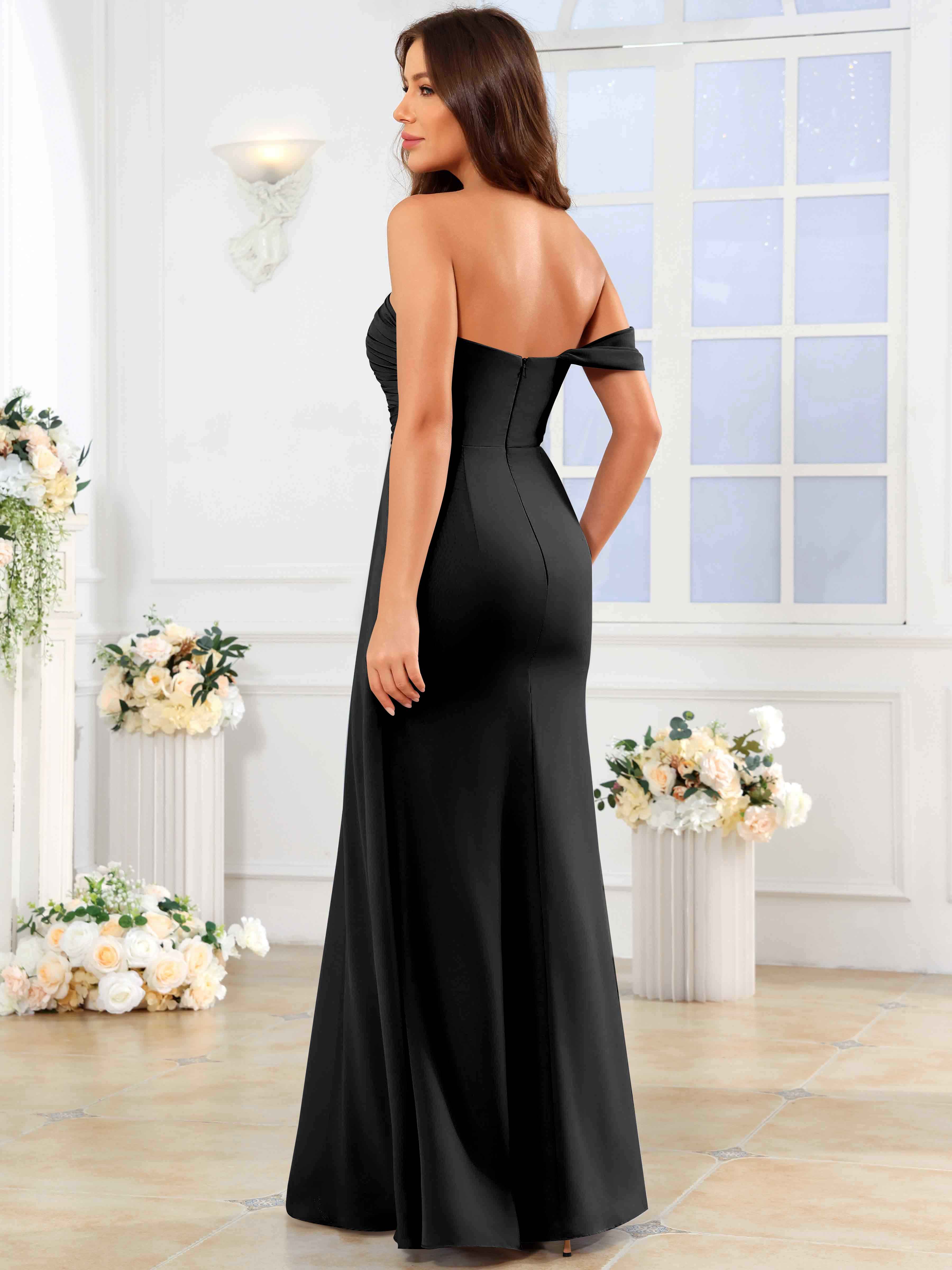ROVDESY One Shoulder Off The Shoulder Pleated Chiffon Bridesmaid Dress
