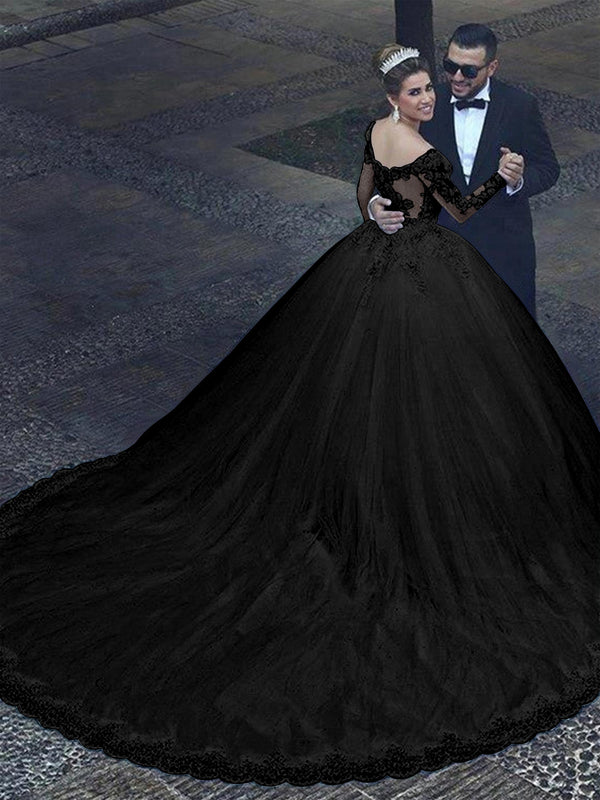 Off The Shoulder Long Sleeve Lace Appliques Ball Gown Wedding Dress with Cathedral Train