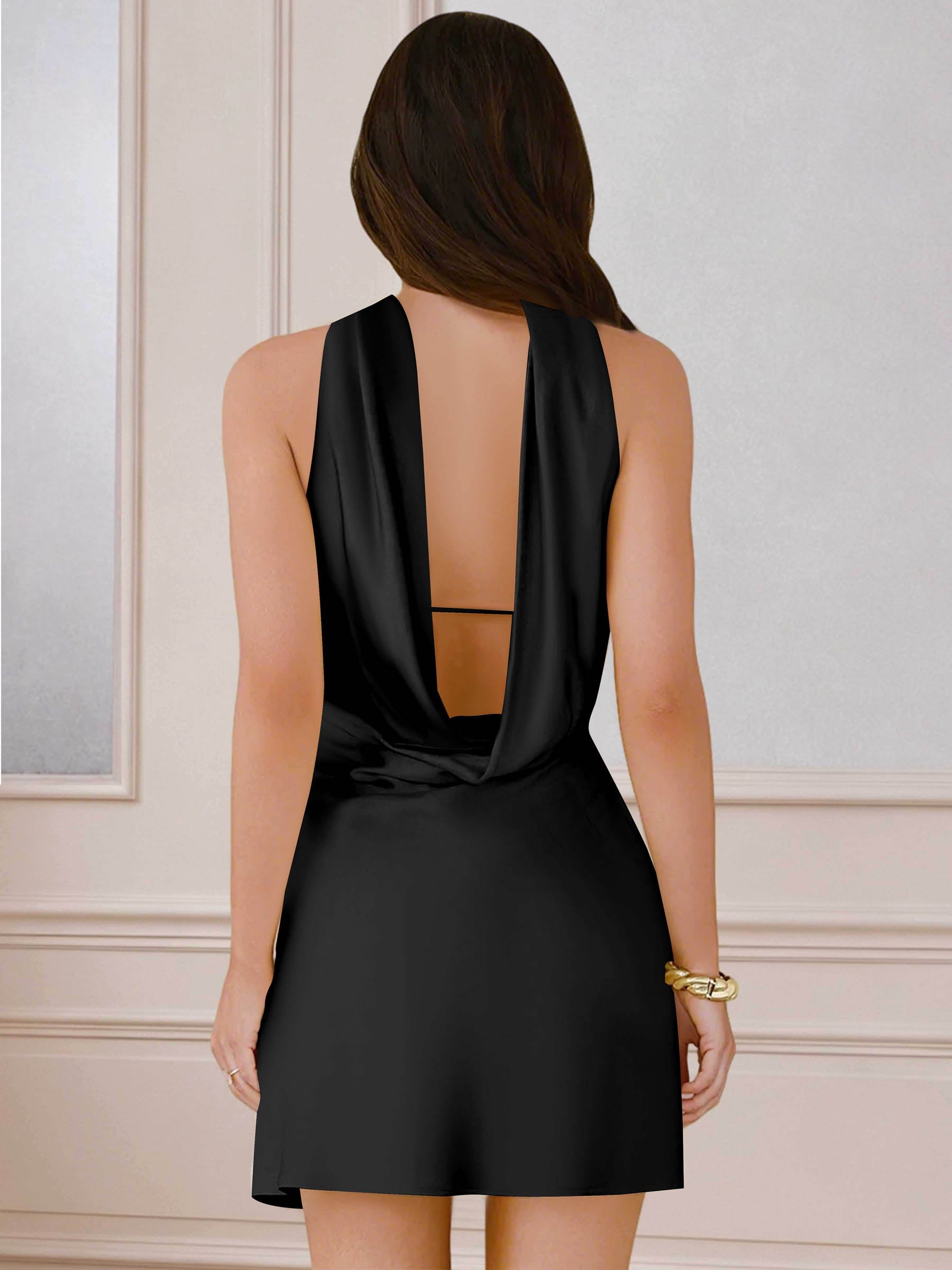 ROVDESY A-Line Halter Neck Satin Homecoming Mini Dress