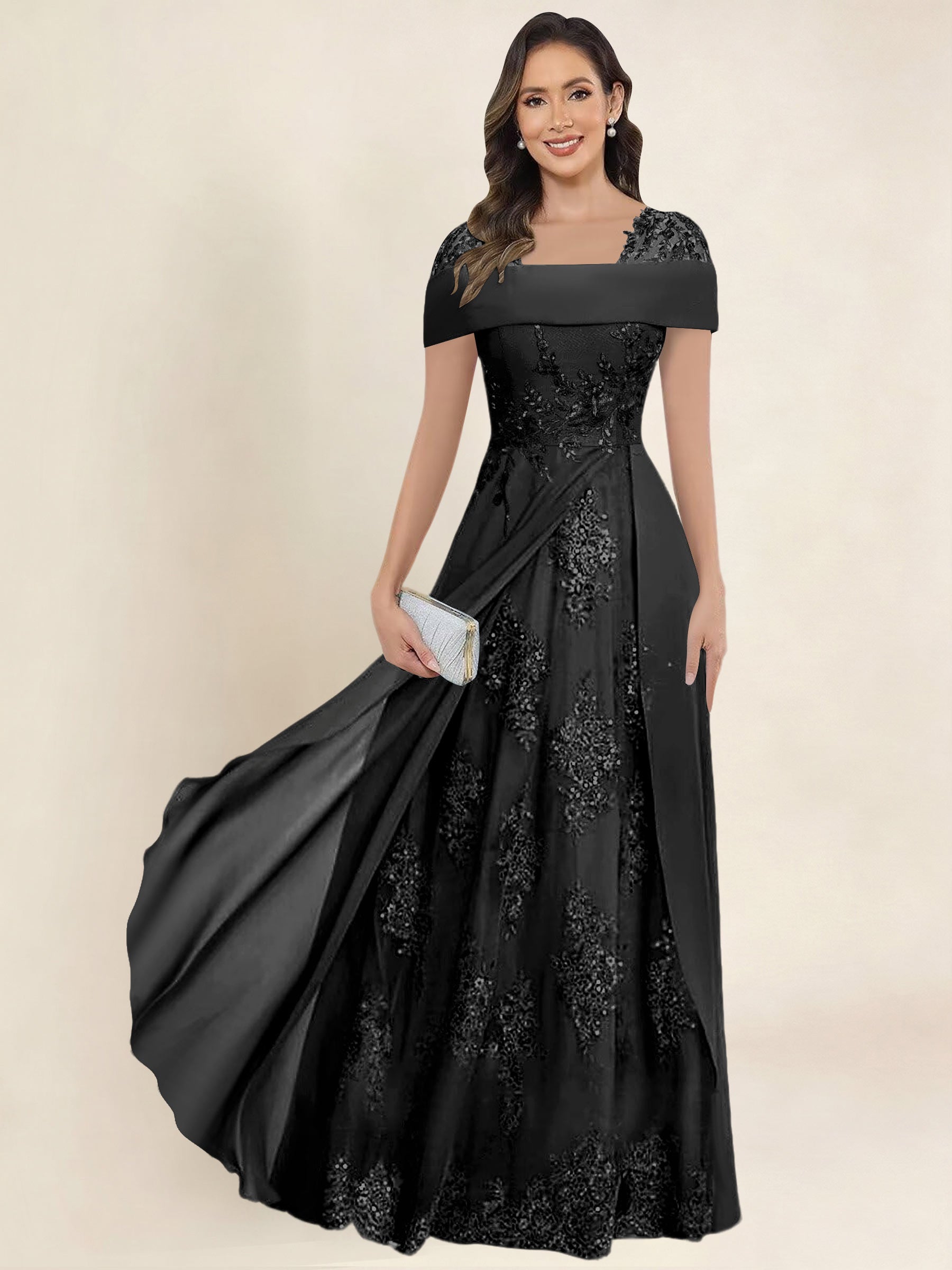 ROVDESY A-Line Off The Shoulder Lace Chiffon Long Mother of the Bride Dress Formal Gown