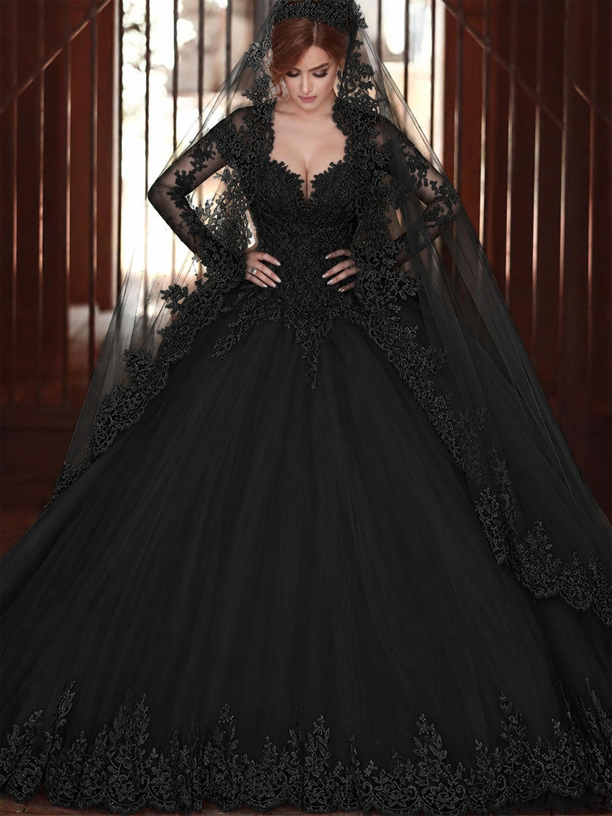 Off The Shoulder Long Sleeve Lace Appliques Ball Gown Wedding Dress with Cathedral Train