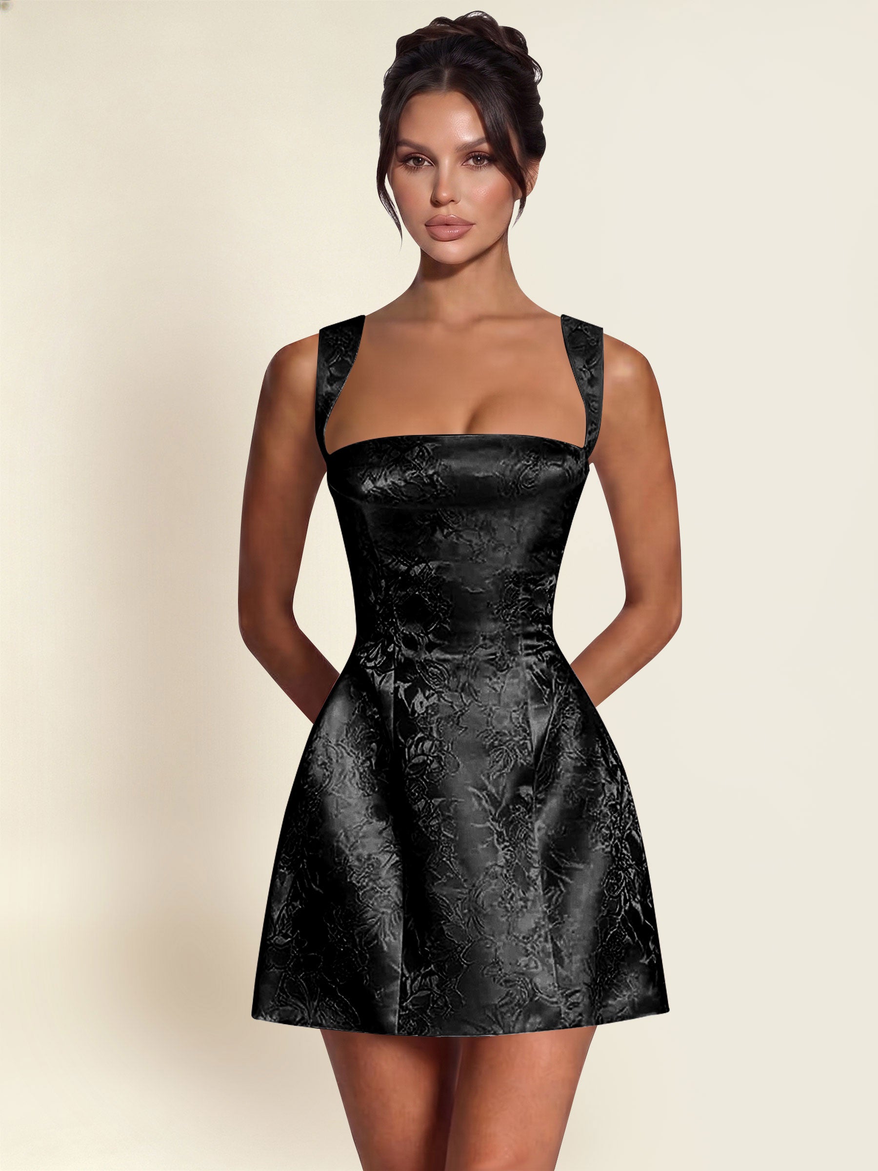 ROVDESY A-Line Square Neck Jacquard Satin Homecoming Mini Dress