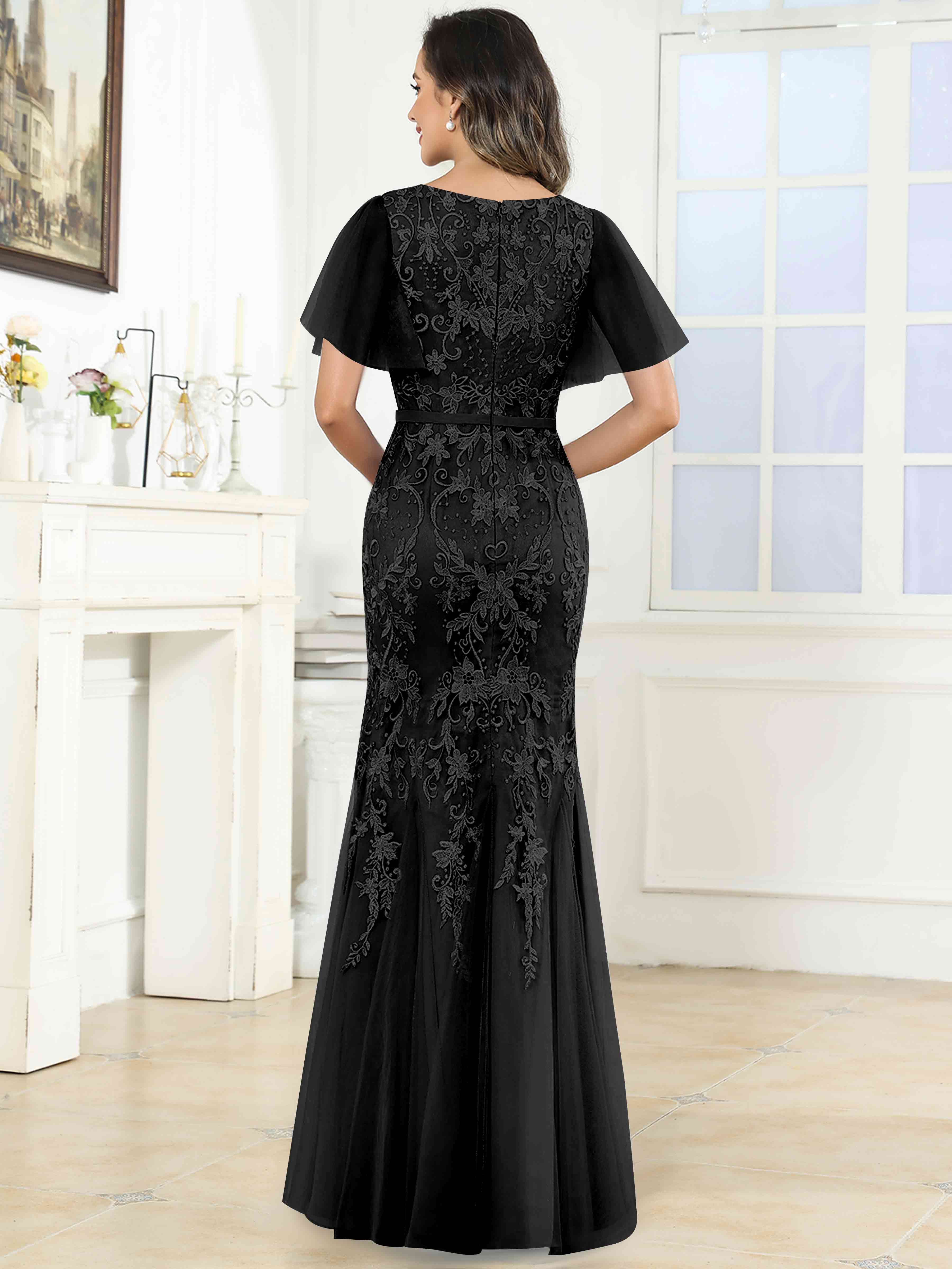 ROVDESY Elegant V-Neck Lace Mermaid Long Mother Of The Bride Dress Formal Gown With Sleeves