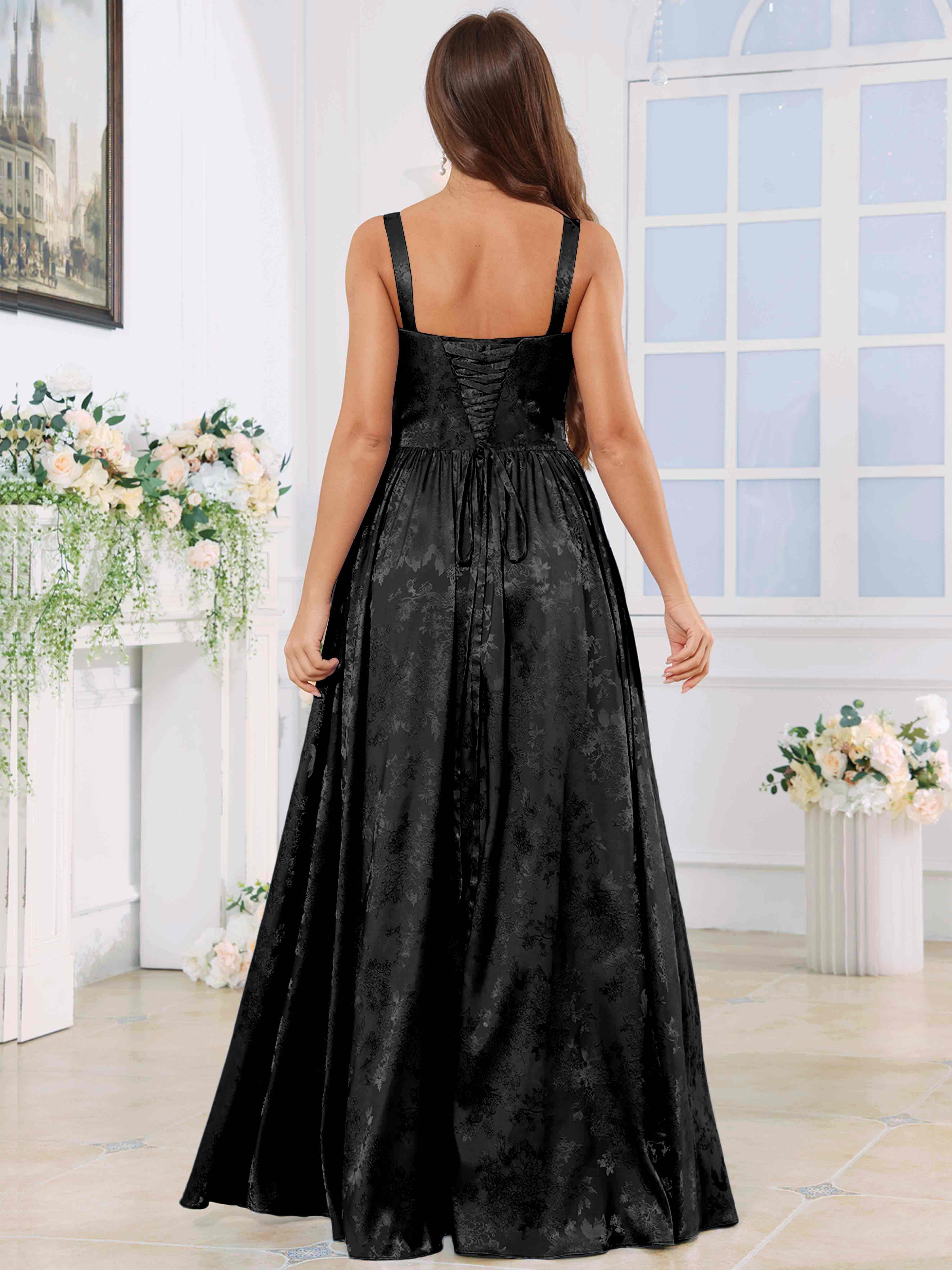 ROVDESY A-Line Spaghetti Straps Pleated Jacquard Satin Bridesmaid/Prom Dress With Slit
