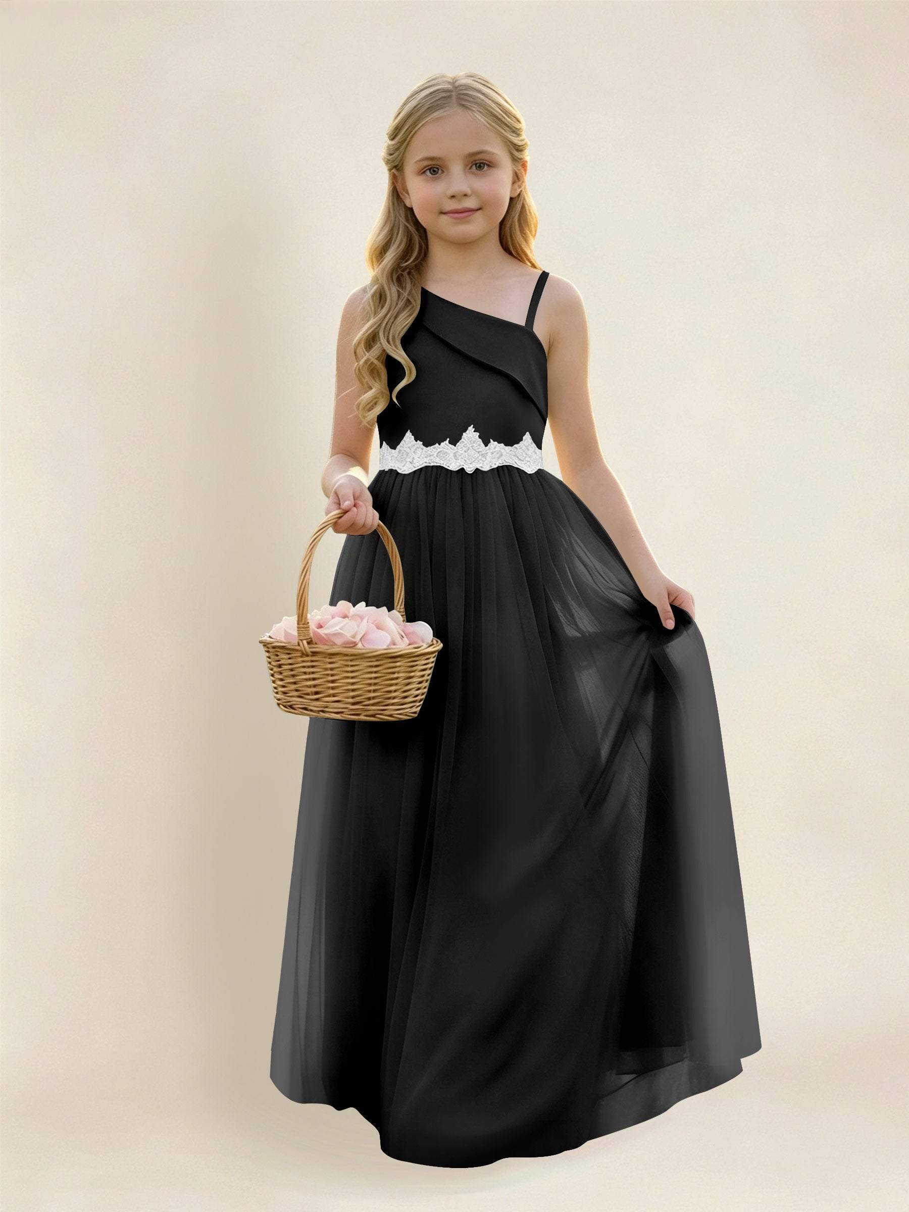 ROVDESY Asymmetric One Shoulder  Satin  Tulle Junior Bridesmaid Dress