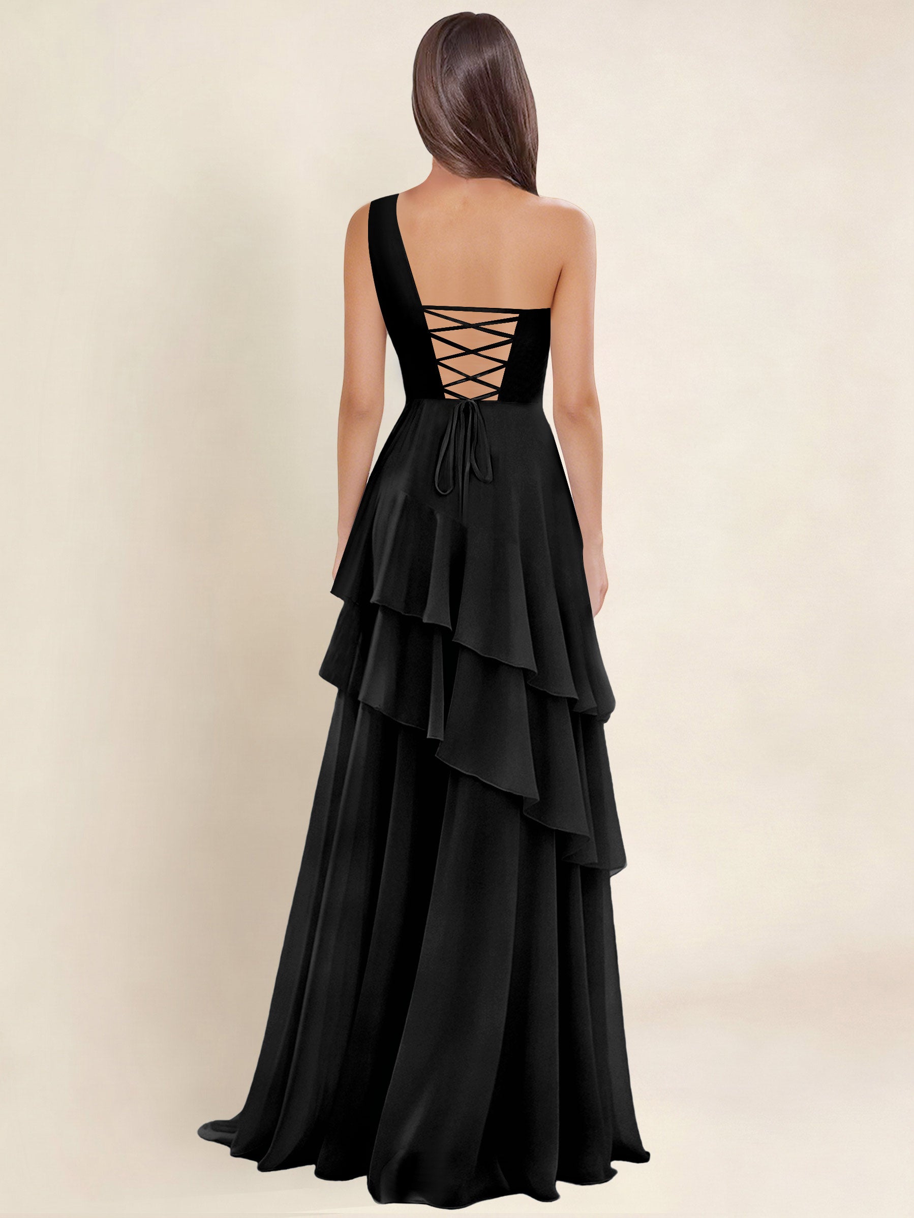 ROVDESY A-Line One Shoulder Pleated Tiered Chiffon Bridesmaid Dress