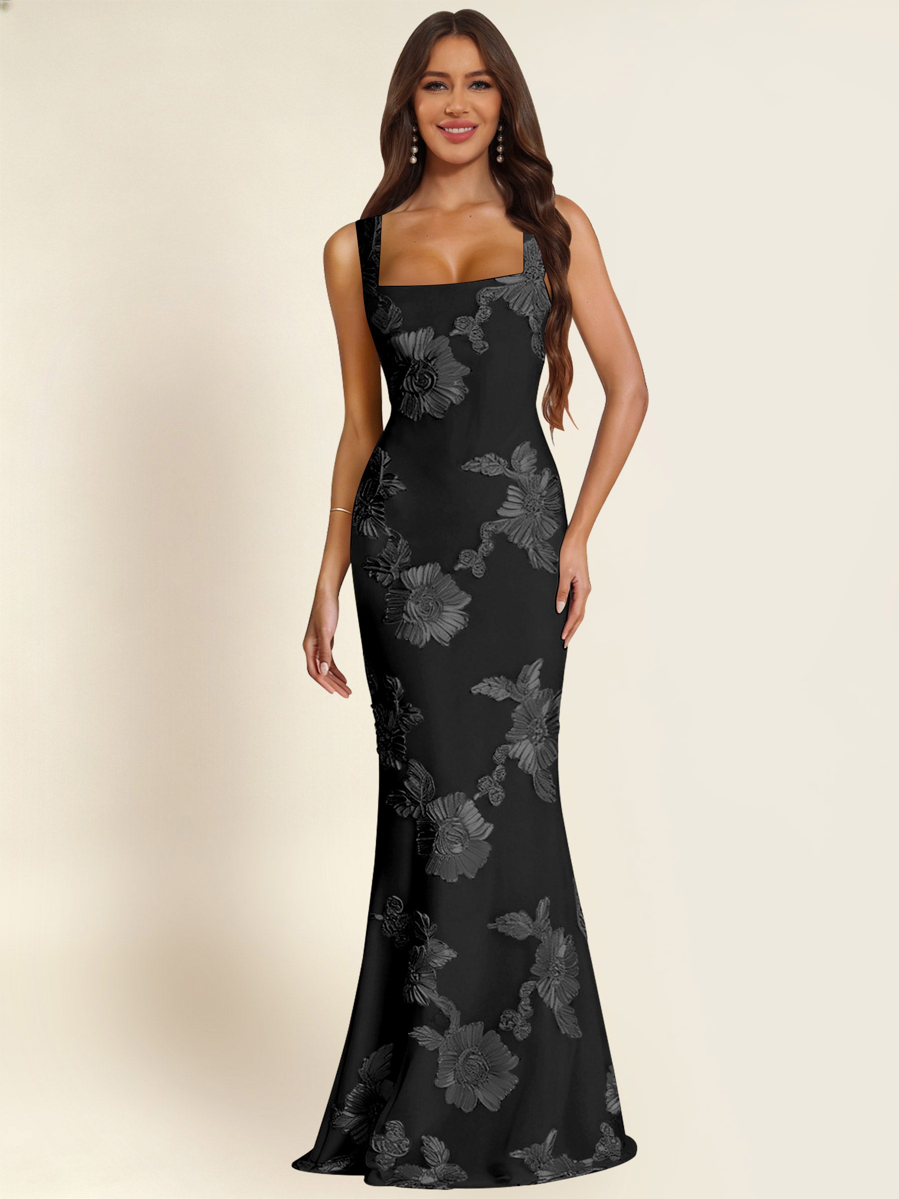 ROVDESY Square Neck Floral Applique Mermaid Long Prom/Bridesmaid Dress