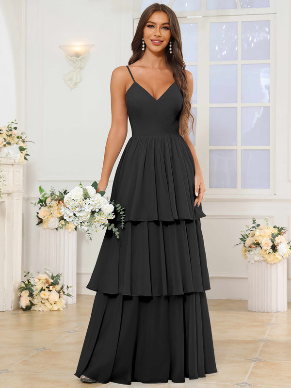 V-Neck Spaghetti Straps Tiered Chiffon Bridesmaid Dress With Ruffles