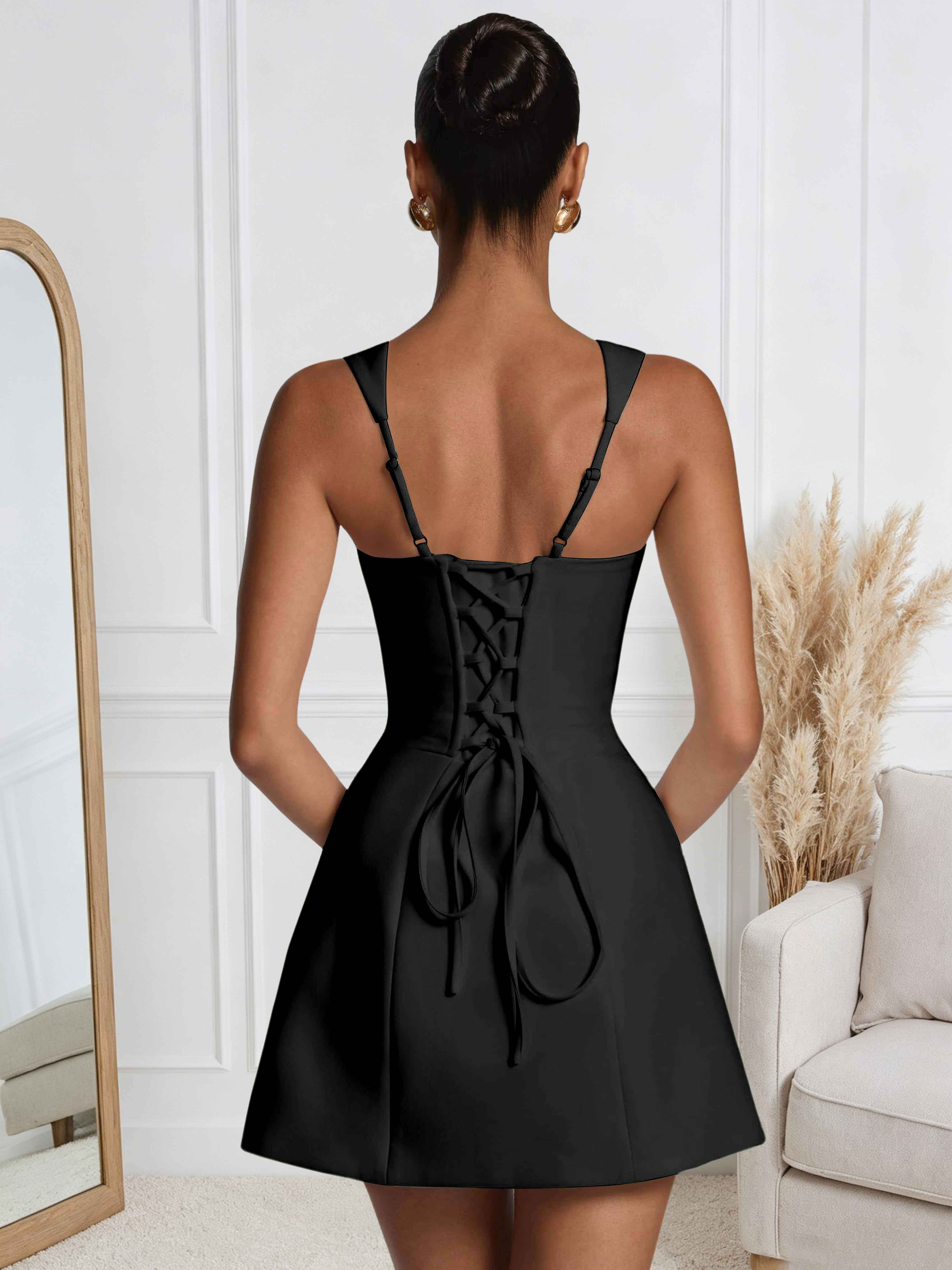 ROVDESY A-Line Square Neck Satin Homecoming Mini Dress