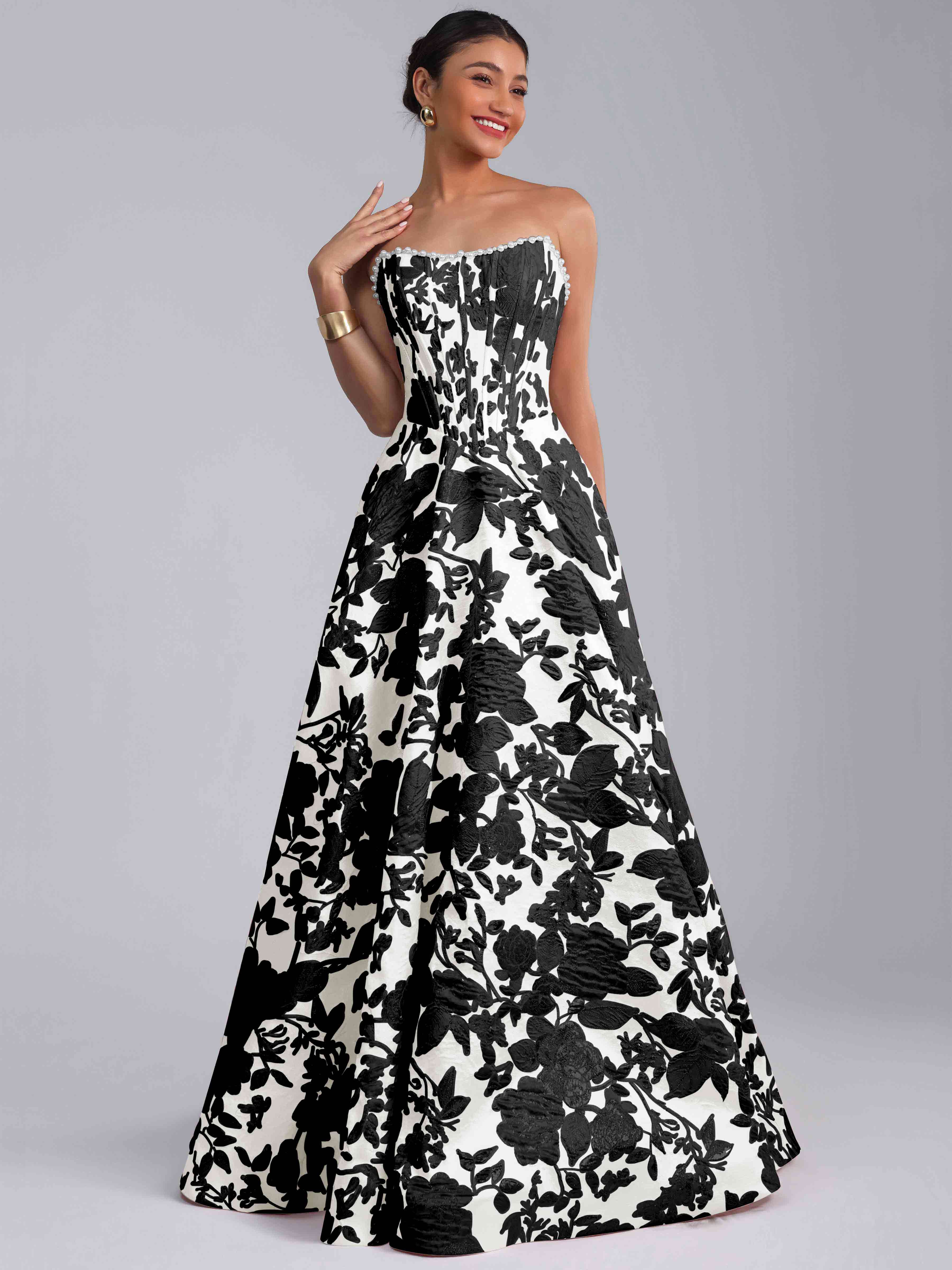 ROVDESY A-Line Strapless Jacquard Satin Prom Dress Long Ball Gown