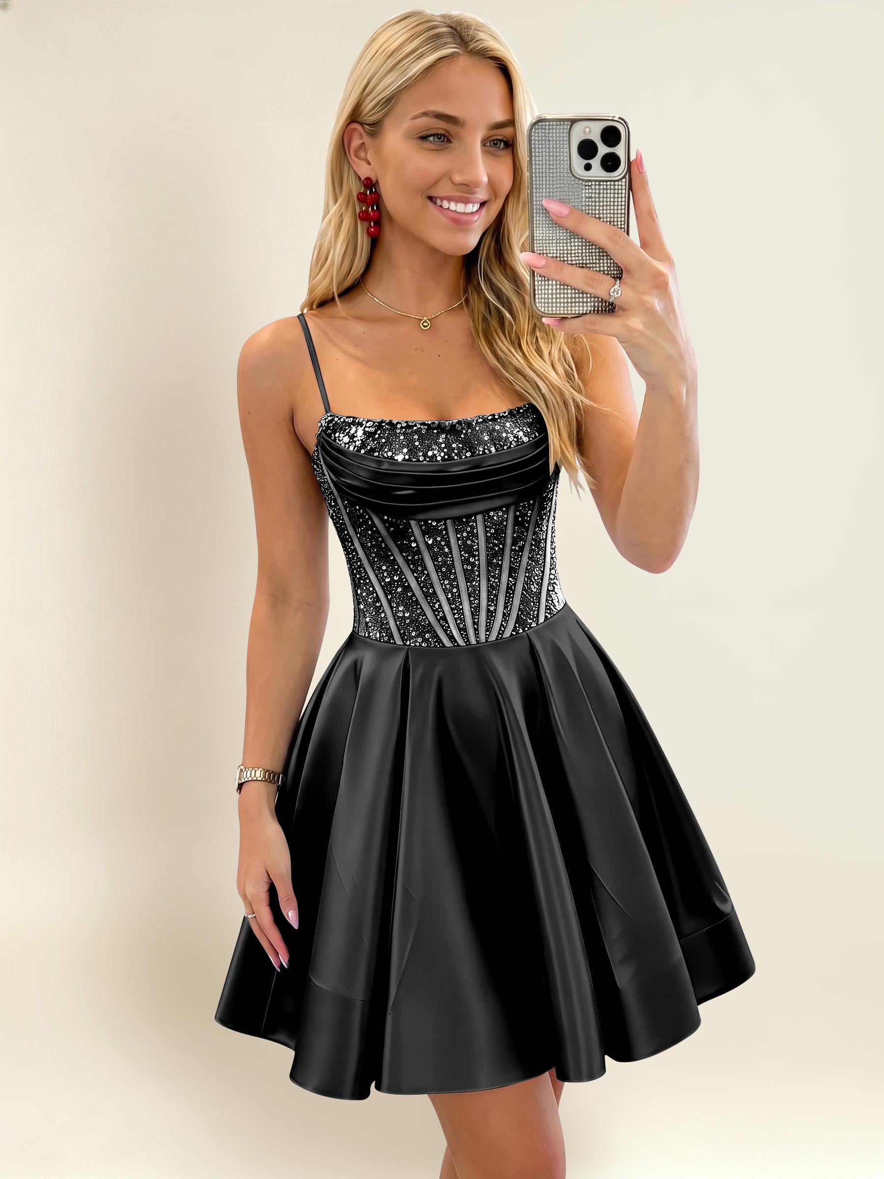 ROVDESY A-Line Spaghetti Strap Sequin Corset Satin Homecoming Mini Dress
