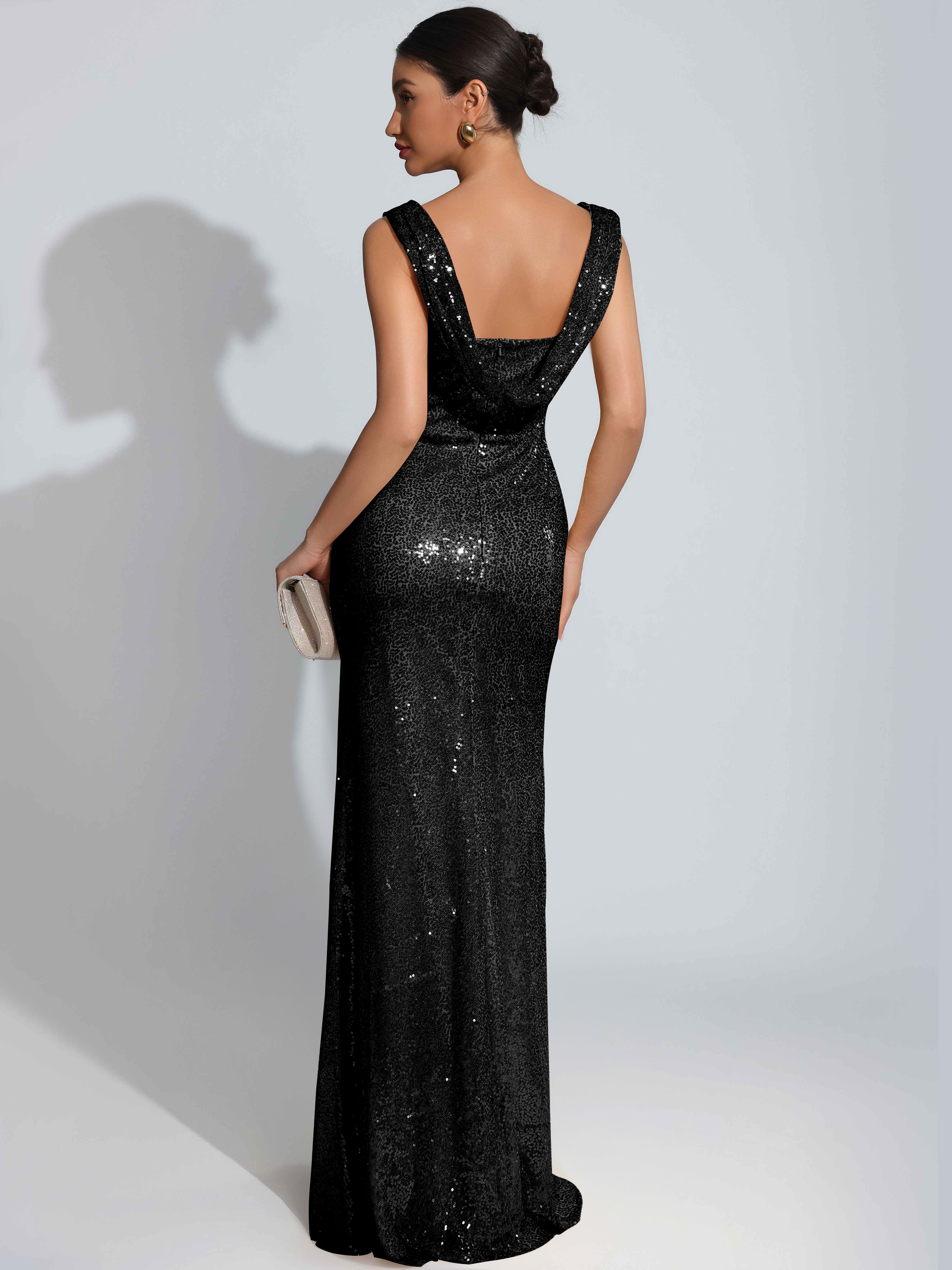 ROVDESY Sparkly Bateau Mermaid Ruched Sequin Long Prom Dress with Slit