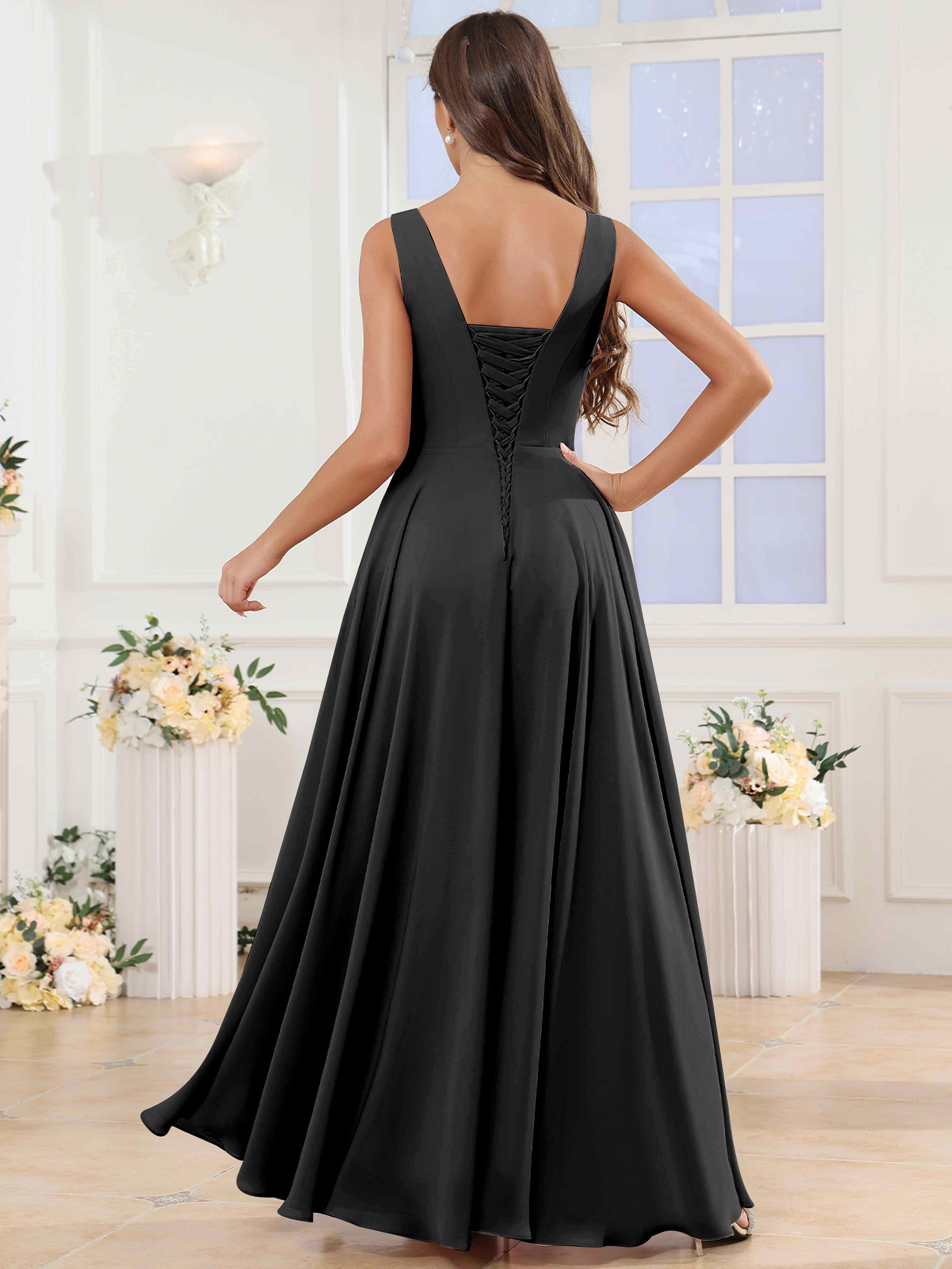 ROVDESY V-Neck Pleated Sleeveless Ruffle Chiffon Bridesmaid Dress With Slit