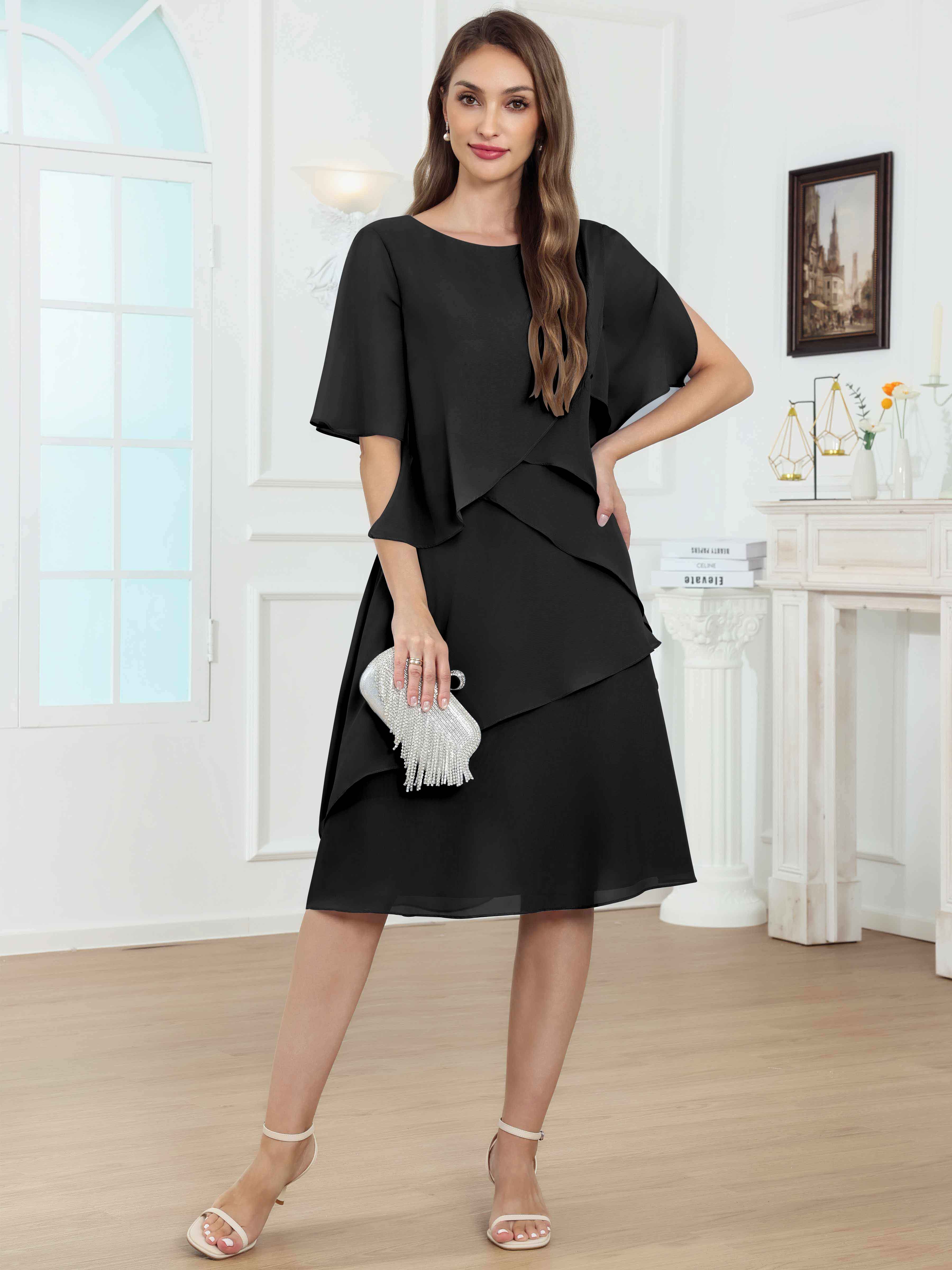 ROVDESY Knee Length Tiered Ruffle Chiffon Mother Of The Bride Dress With Half Sleeves