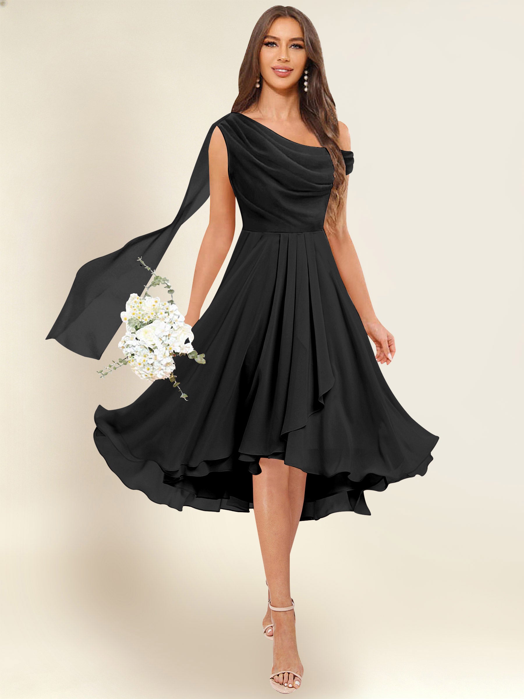ROVDESY A-Line One Shoulder Pleated Chiffon Bridesmaid Dress With Flowing Sash
