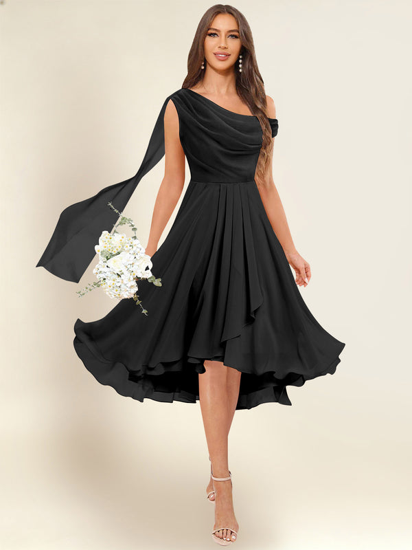 Black A-Line One Shoulder Pleated Chiffon Bridesmaid Dress With Flowing Sash