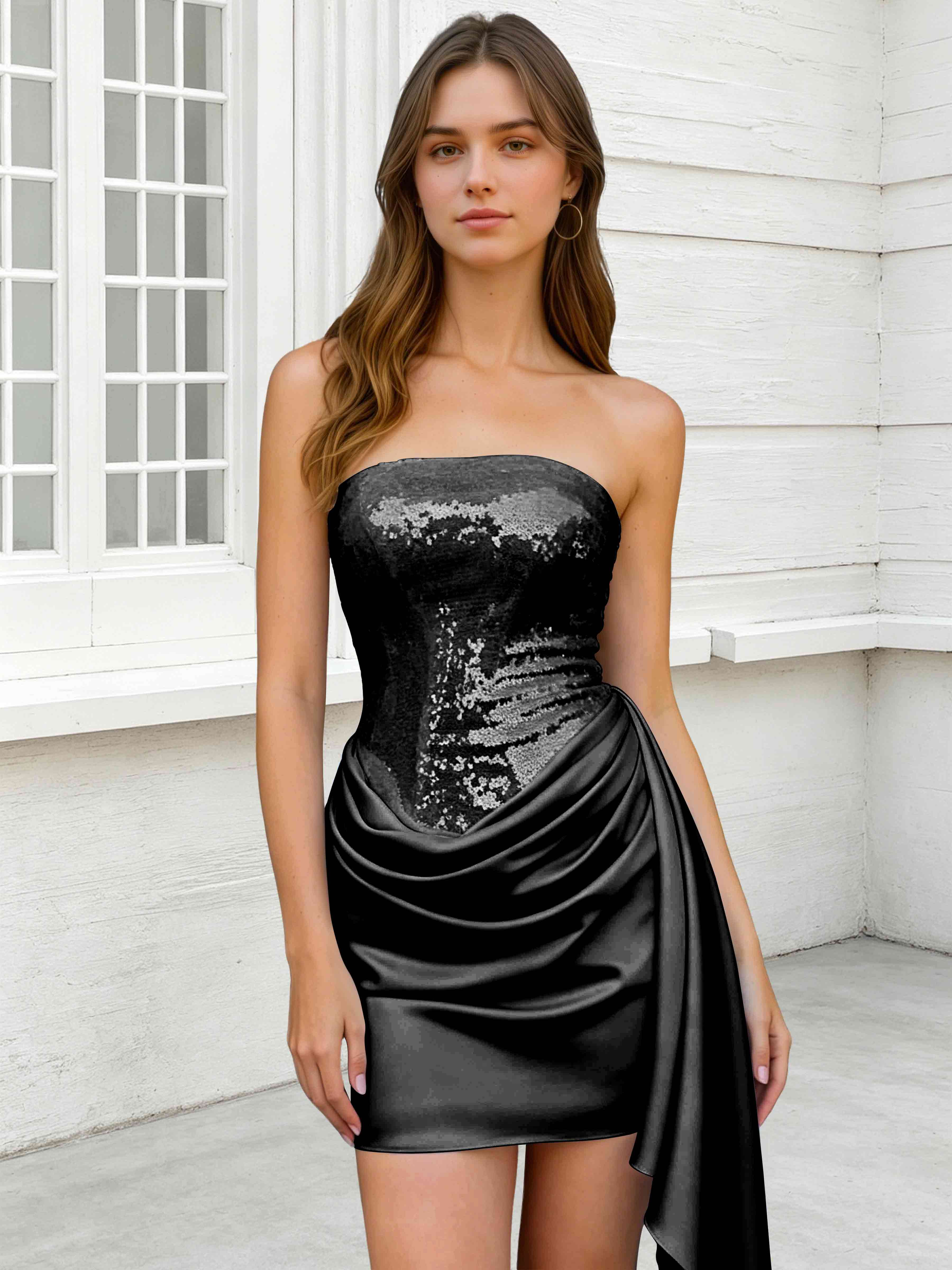 ROVDES Strapless Sequin Satin Tight Homecoming Mini Dress With Side Sash