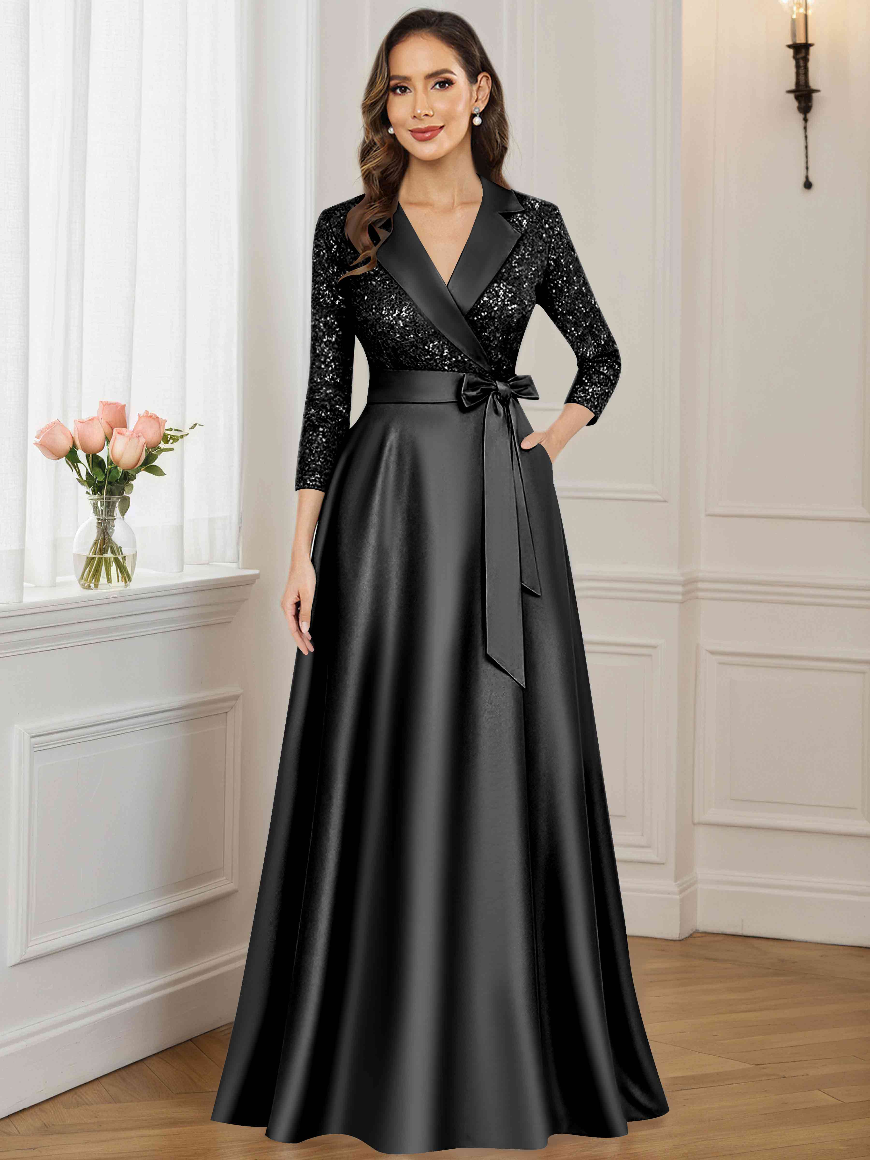 ROVDESY A-Line V Neck Sequin Satin  Long Mother of The Bride Dress Formal Gown With 3/4 Sleeves