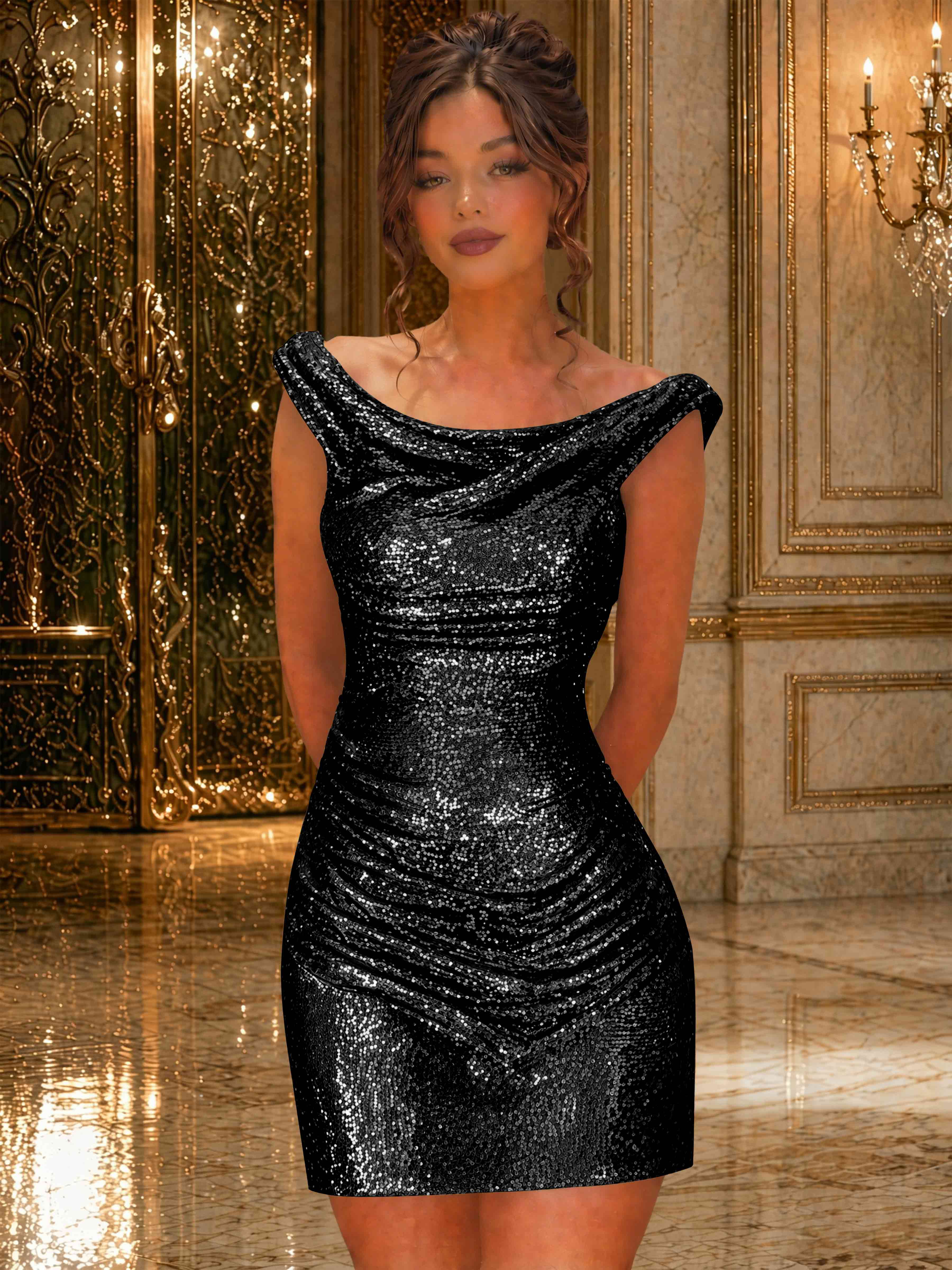 ROVDES Sparkly Off The Shoulder Ruched Sequin Tight Homecoming Mini Dress