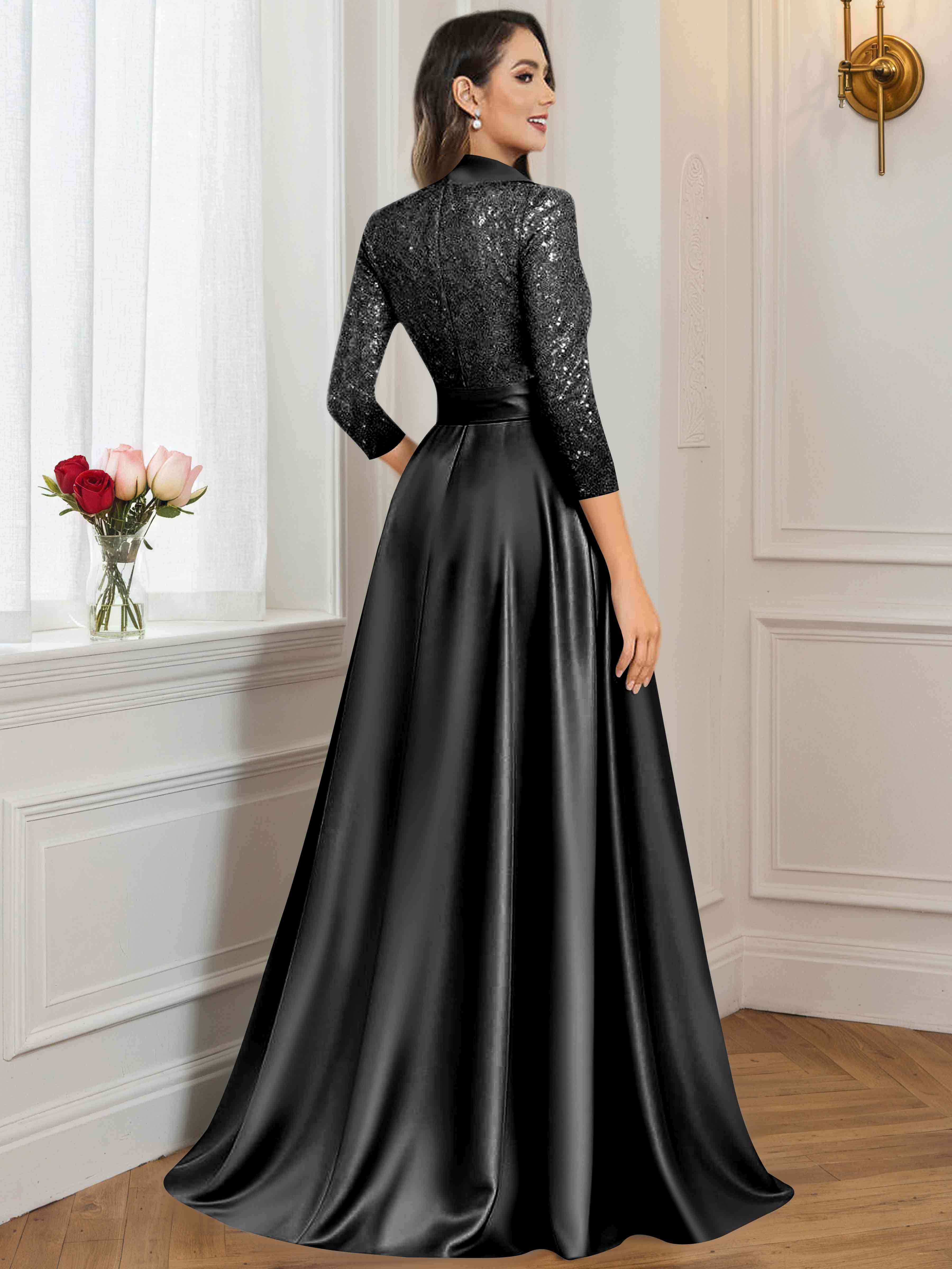 ROVDESY A-Line V Neck Sequin Satin  Long Mother of The Bride Dress Formal Gown With 3/4 Sleeves