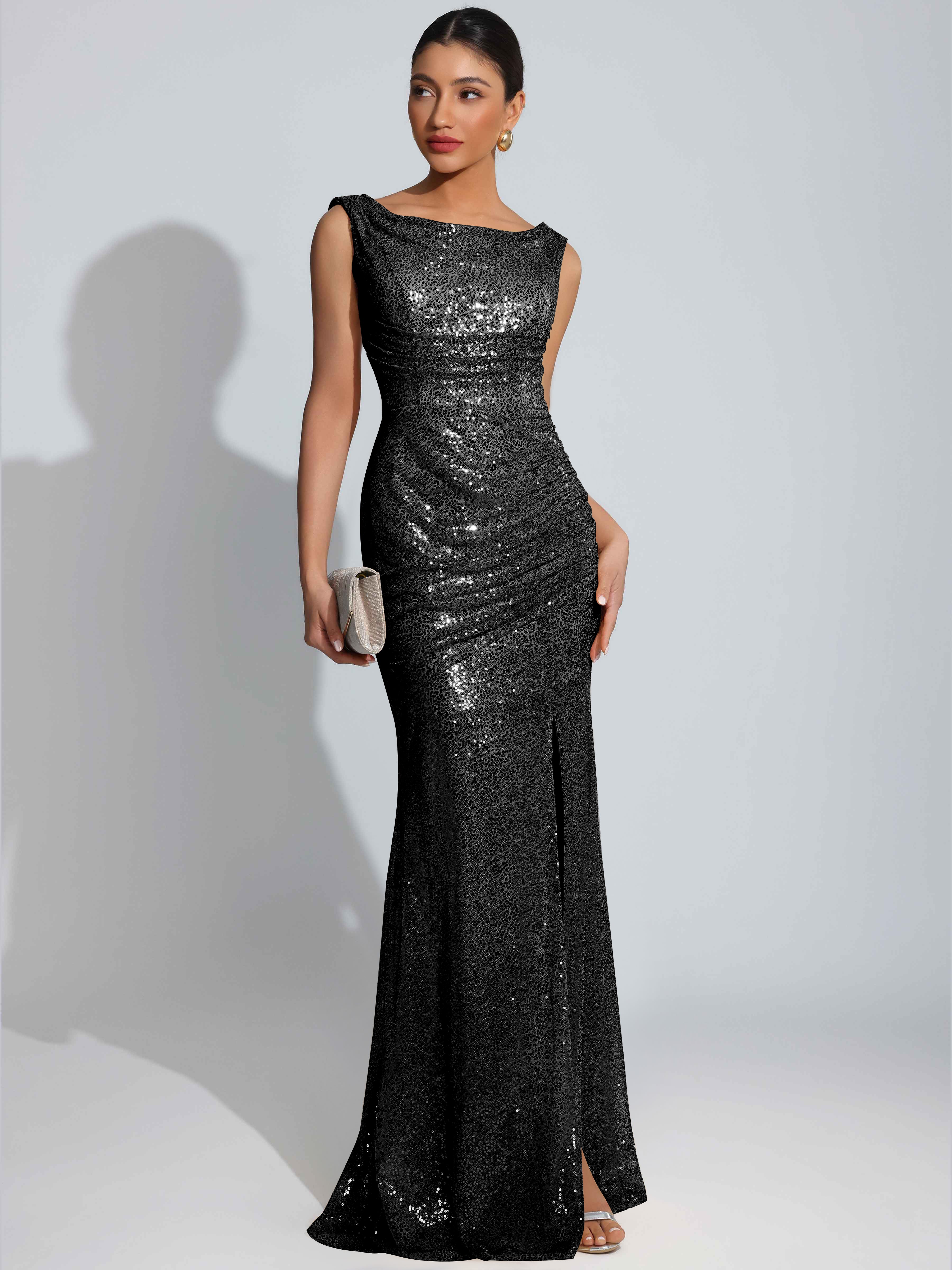 ROVDESY Sparkly Bateau Mermaid Ruched Sequin Long Prom Dress with Slit