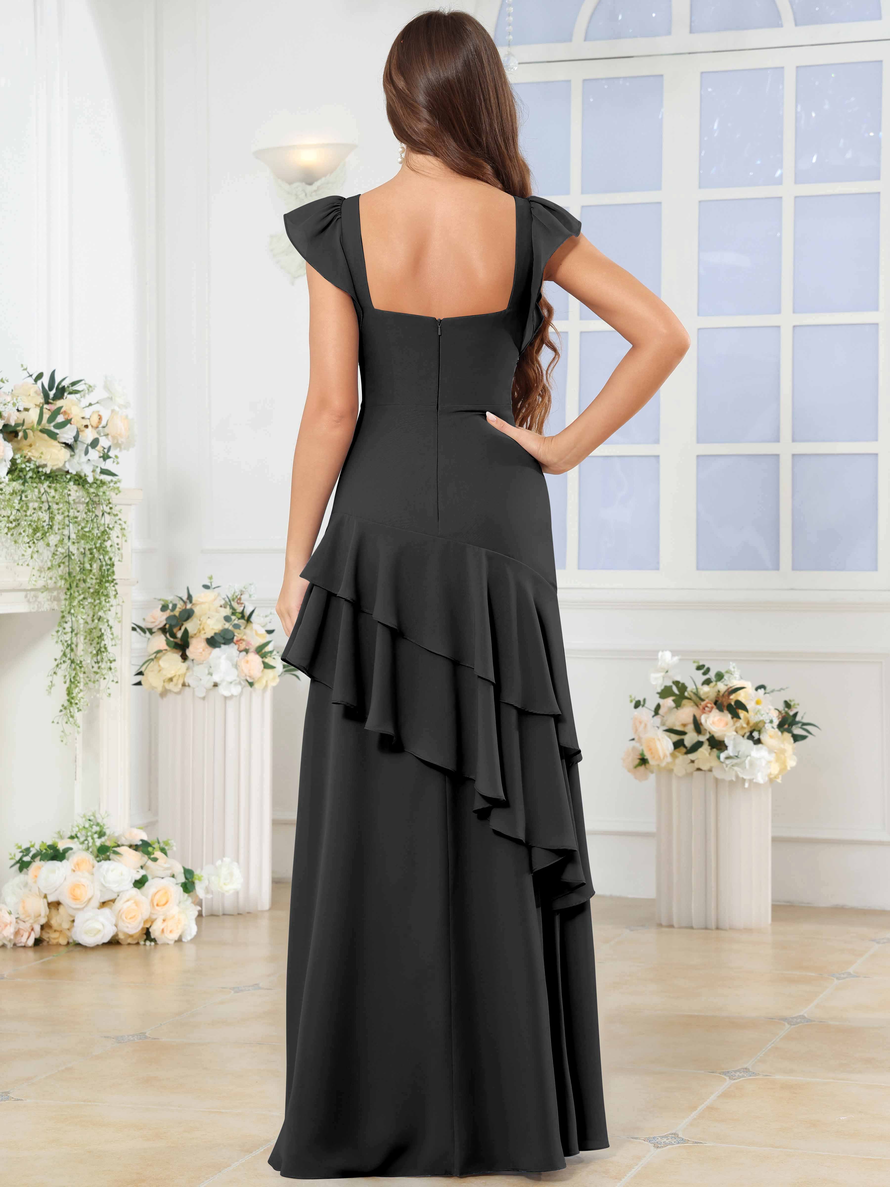 ROVDESY Sweetheart Tiered Ruffle Chiffon Bridesmaid Dress With Short Sleeves