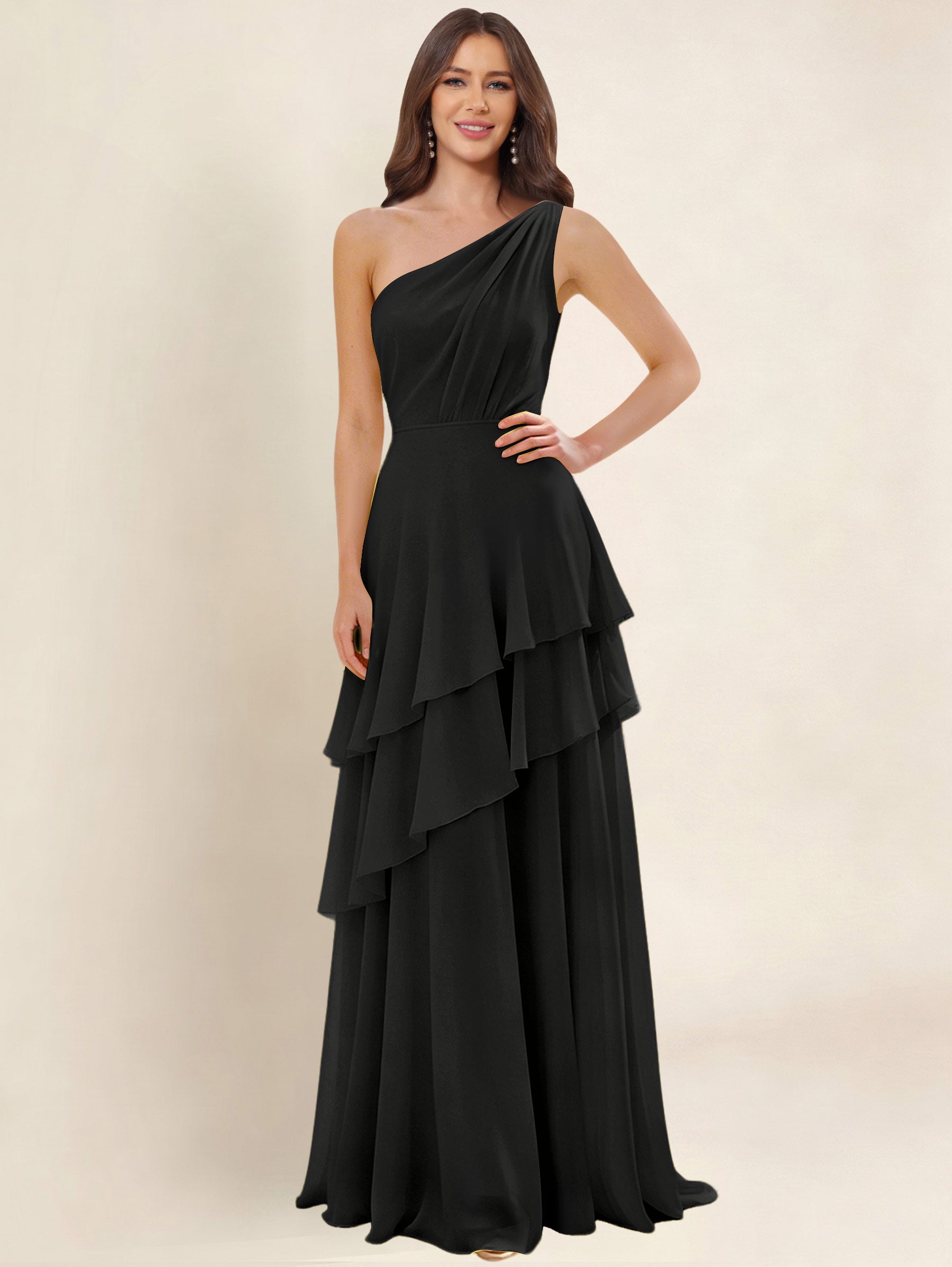 ROVDESY A-Line One Shoulder Pleated Tiered Chiffon Bridesmaid Dress