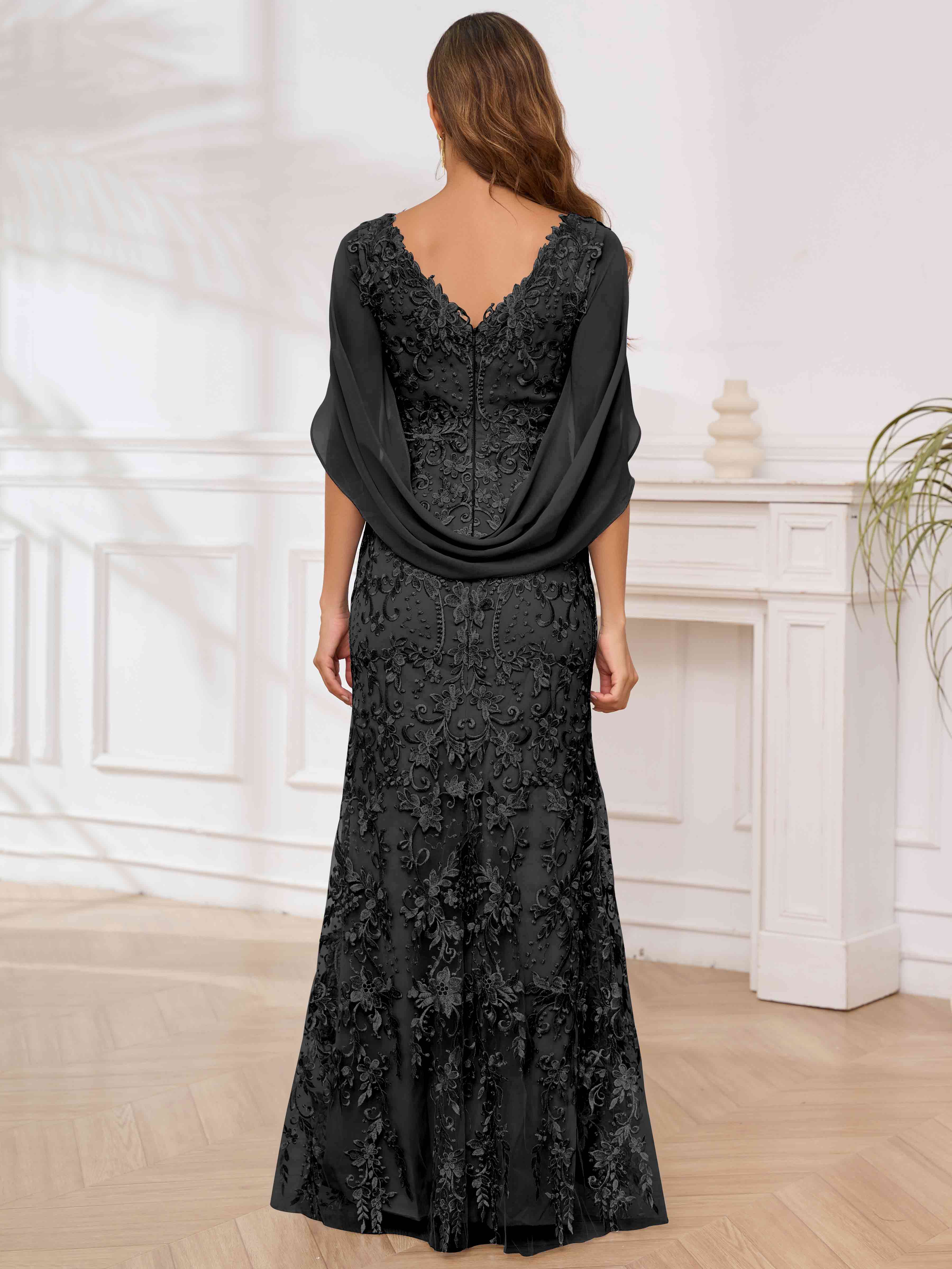 ROVDESY V-Neck Lace Mermaid Mother Of The Bride Dress With Cape Sleeves Long Formal Gown