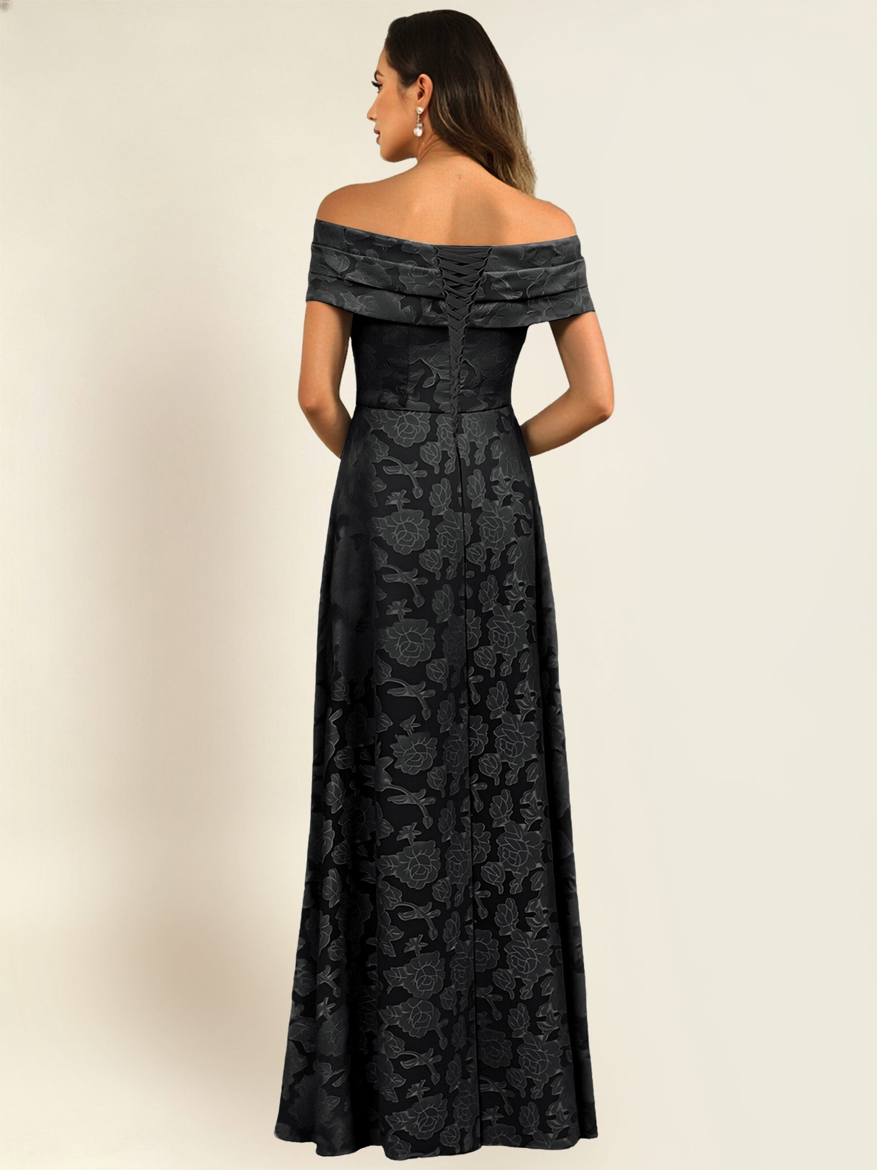 ROVDESY Off the Shoulder Floral Jacquard A-Line Long Mother of the Bride Dress