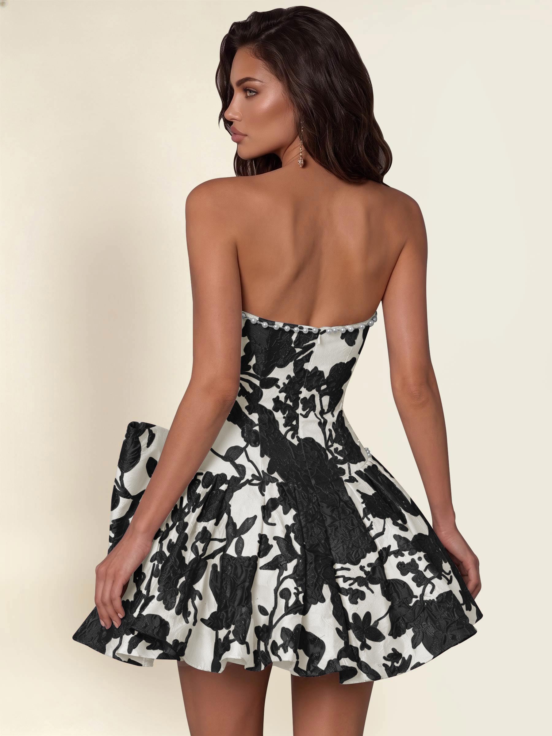 ROVDESY A-Line Strapless Jacquard Satin Homecoming Mini Dress With Big Bow