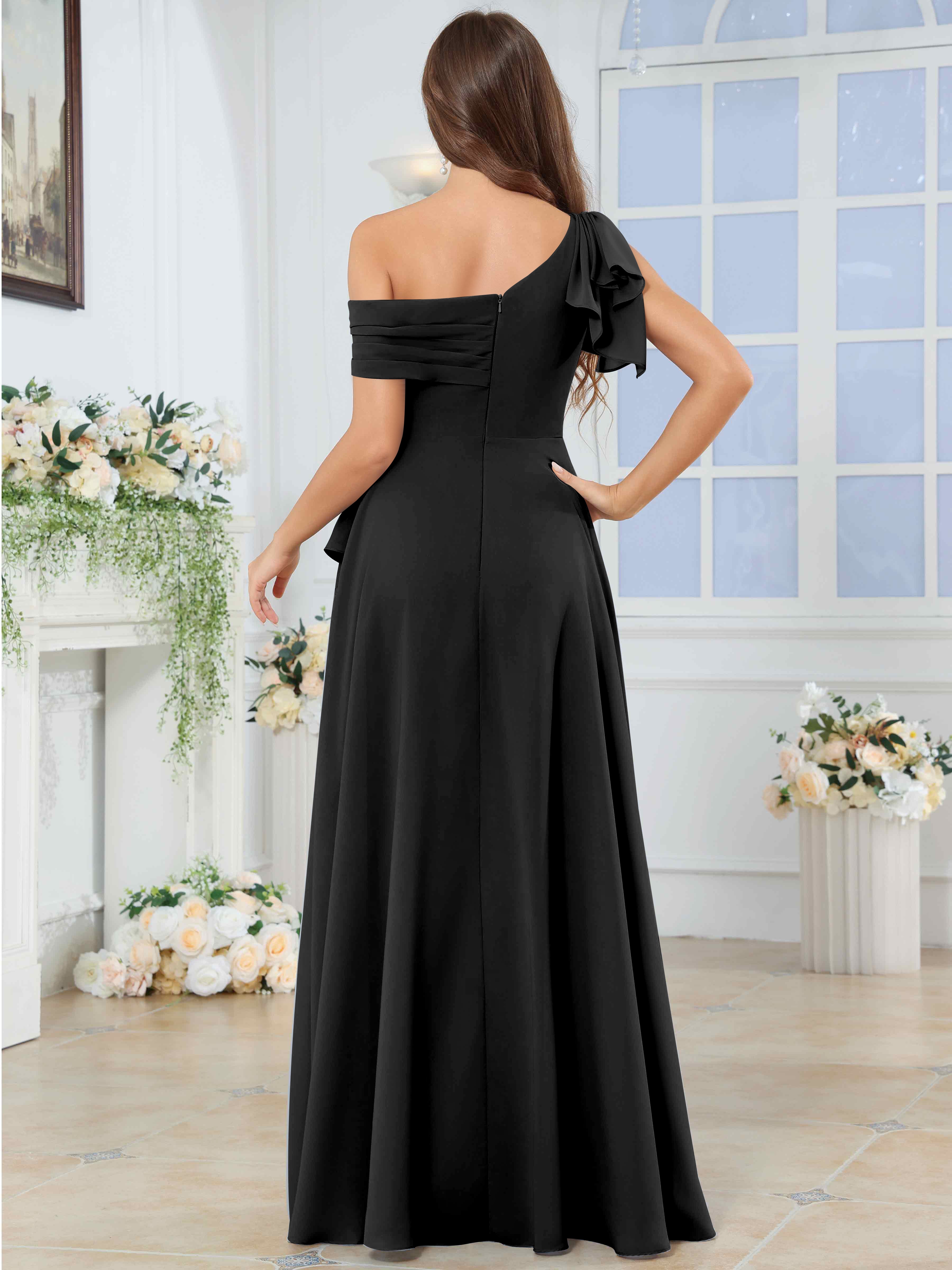 ROVDESY One Shoulder Pleated Ruffle Chiffon Bridesmaid Dress With Slit