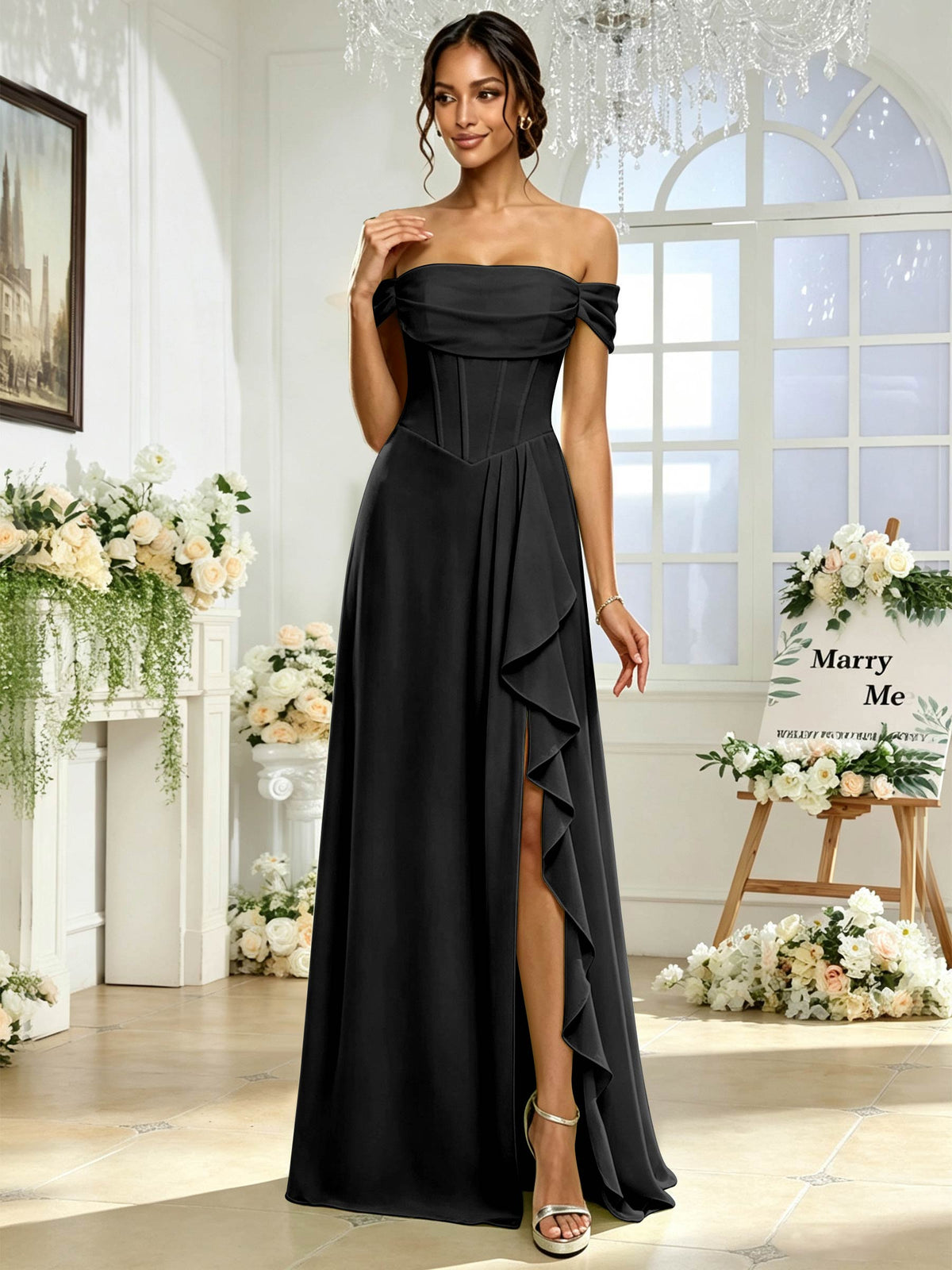 Off the Shoulder Chiffon A Line Long Bridesmaid Dress with Slit