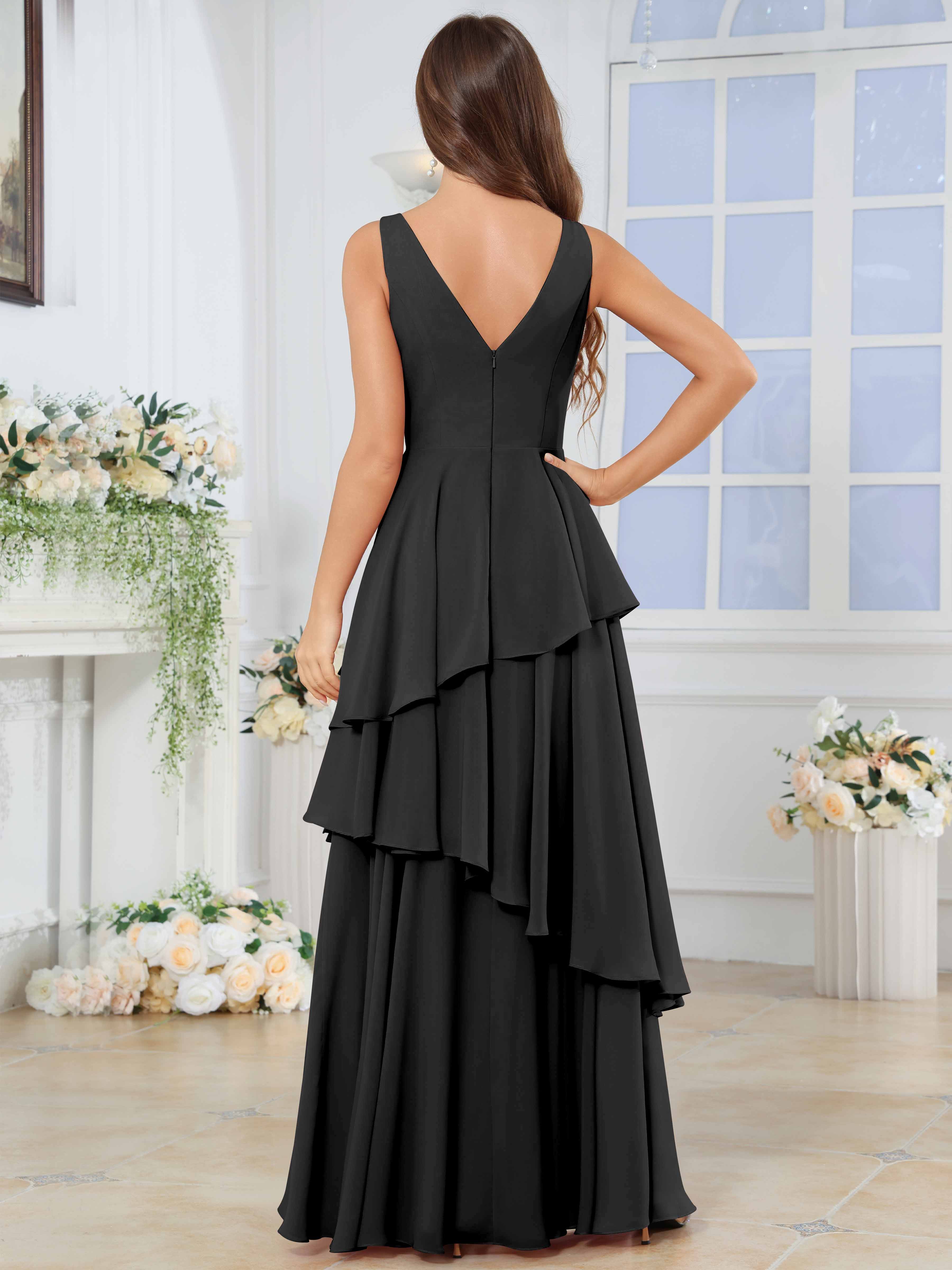 ROVDESY Long Sleeveless V-Neck Tiered Pleated Chiffon Bridesmaid Dress