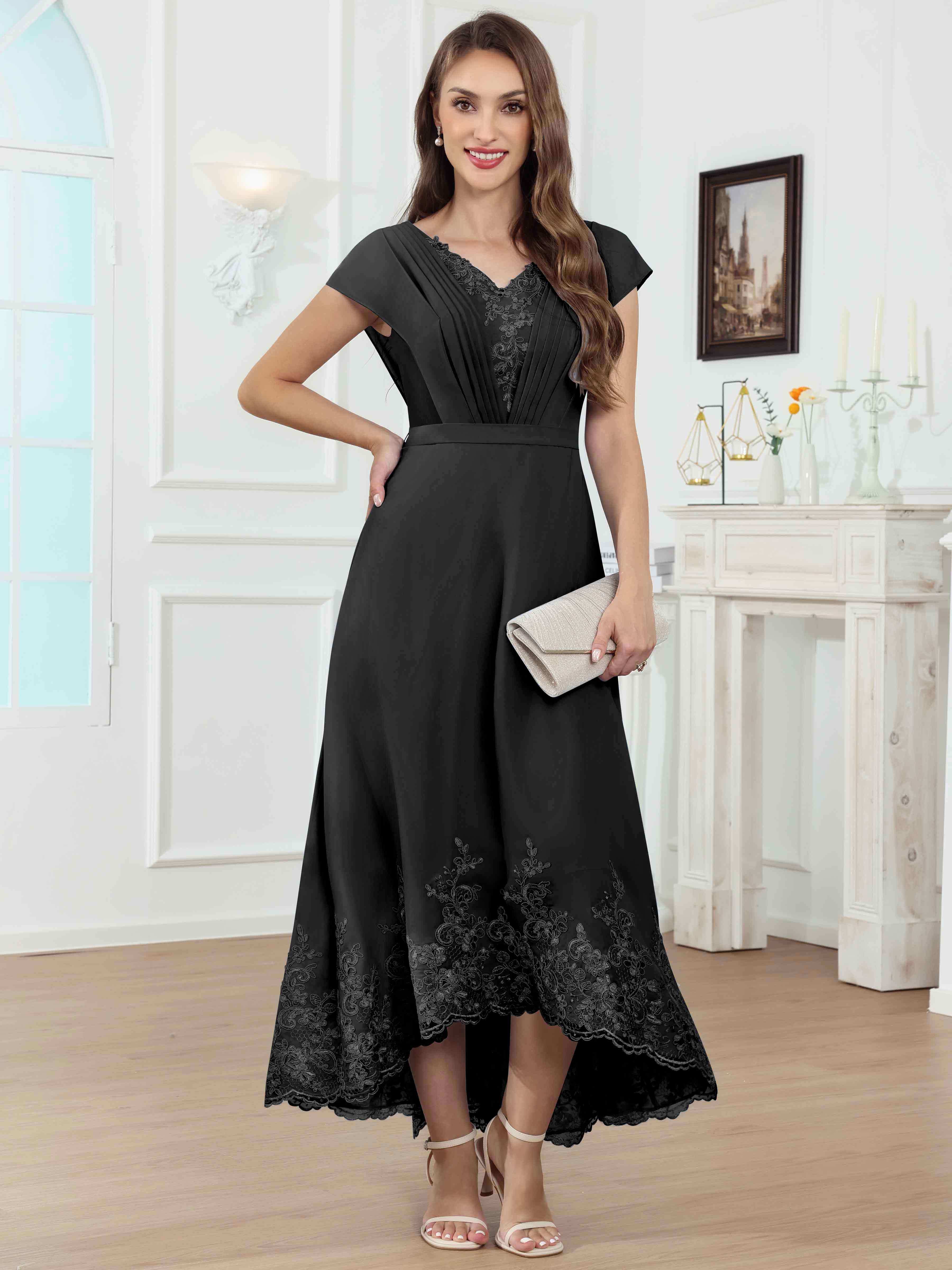 ROVDESY Tea Length High-Low V-Neck Ruched Lace Chiffon Mother of The Bride Dress for Women