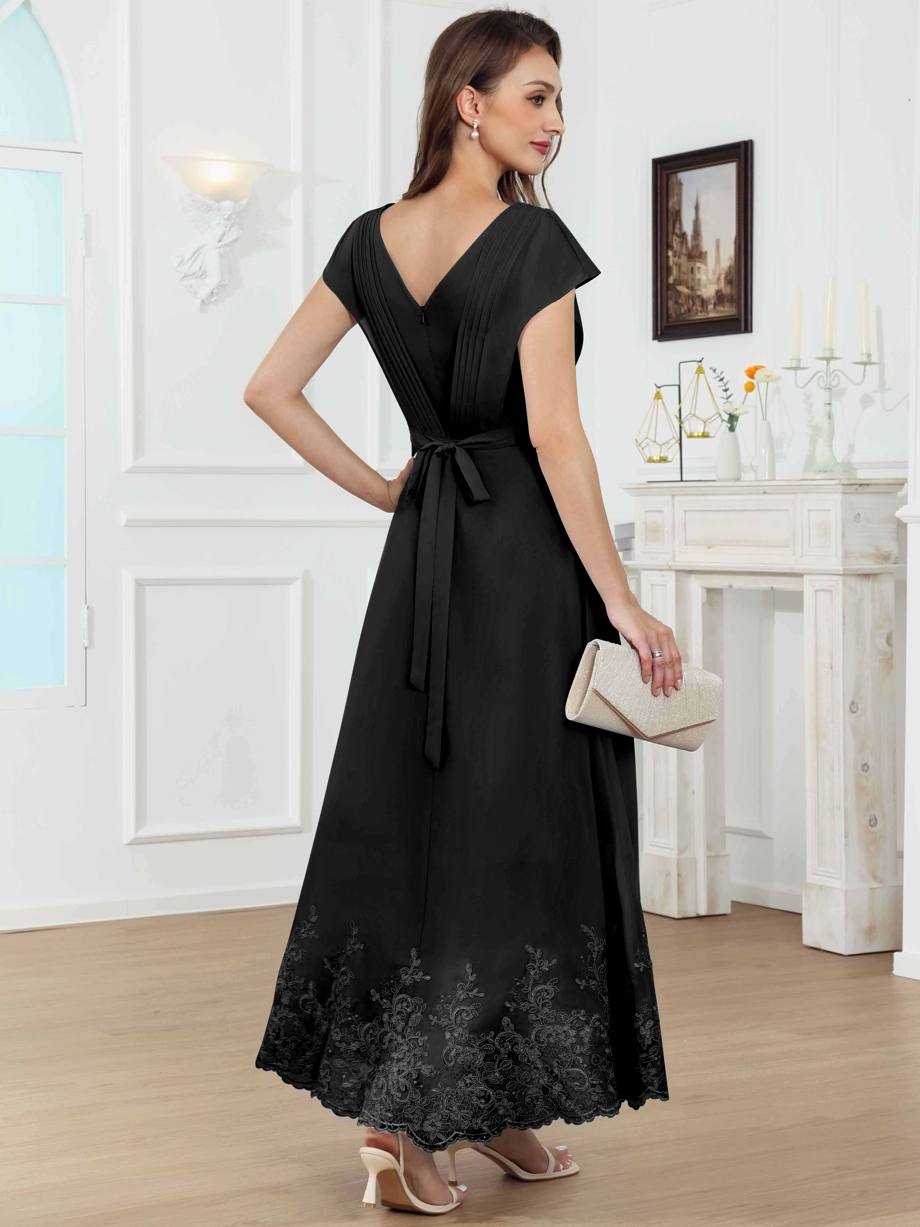 ROVDESY Tea Length High-Low V-Neck Ruched Lace Chiffon Mother of The Bride Dress for Women