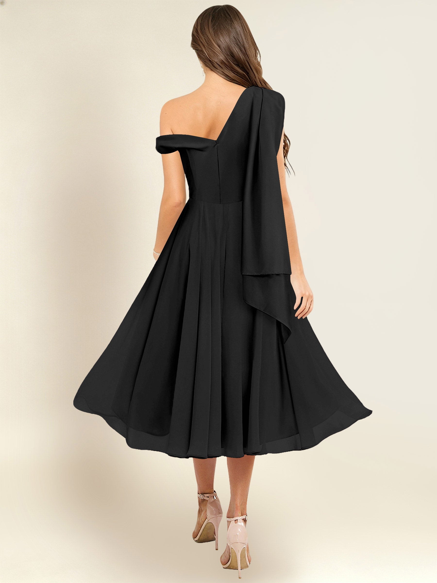 ROVDESY A-Line One Shoulder Pleated Chiffon Bridesmaid Dress With Flowing Sash