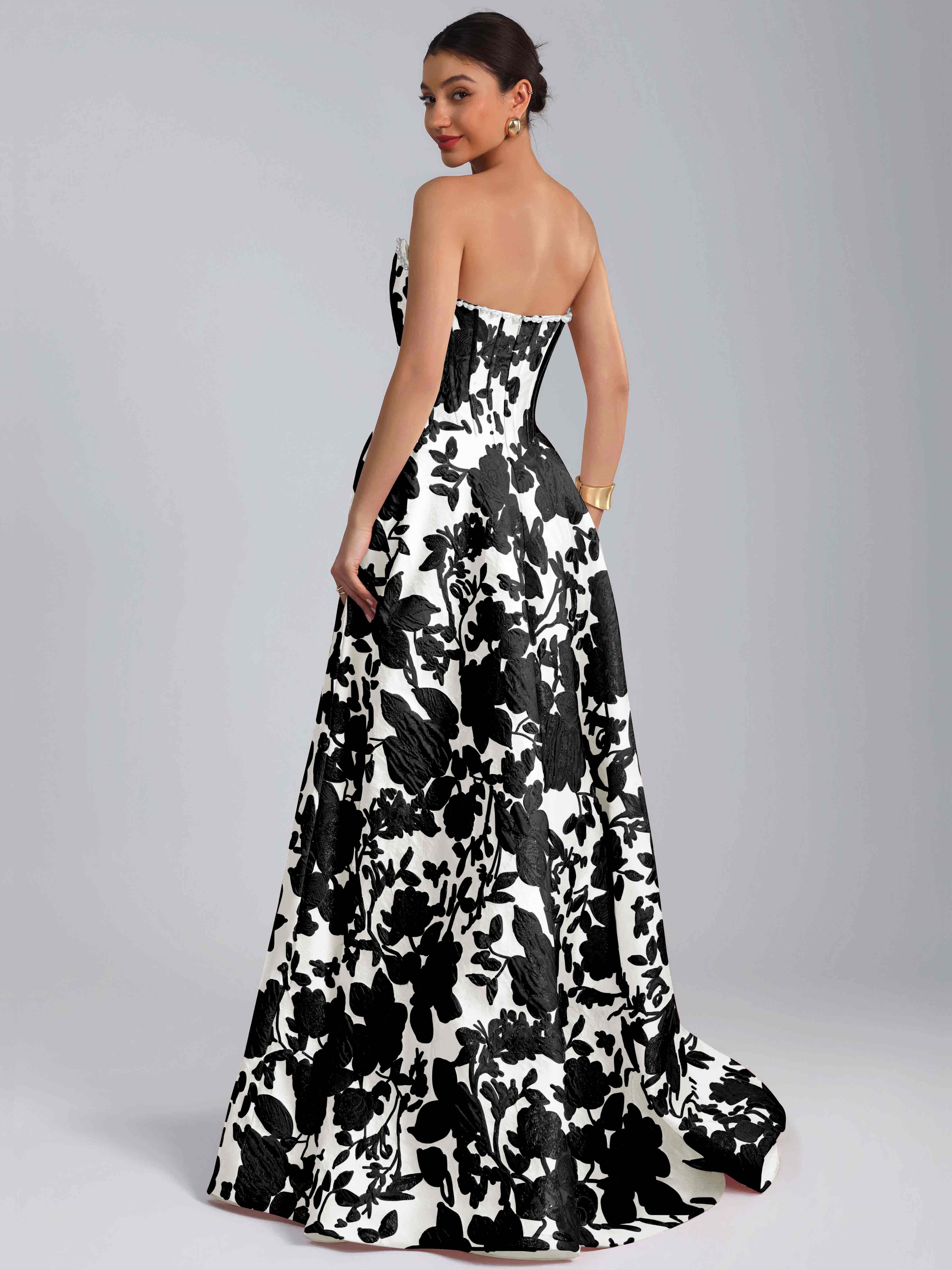 ROVDESY A-Line Strapless Jacquard Satin Prom Dress Long Ball Gown