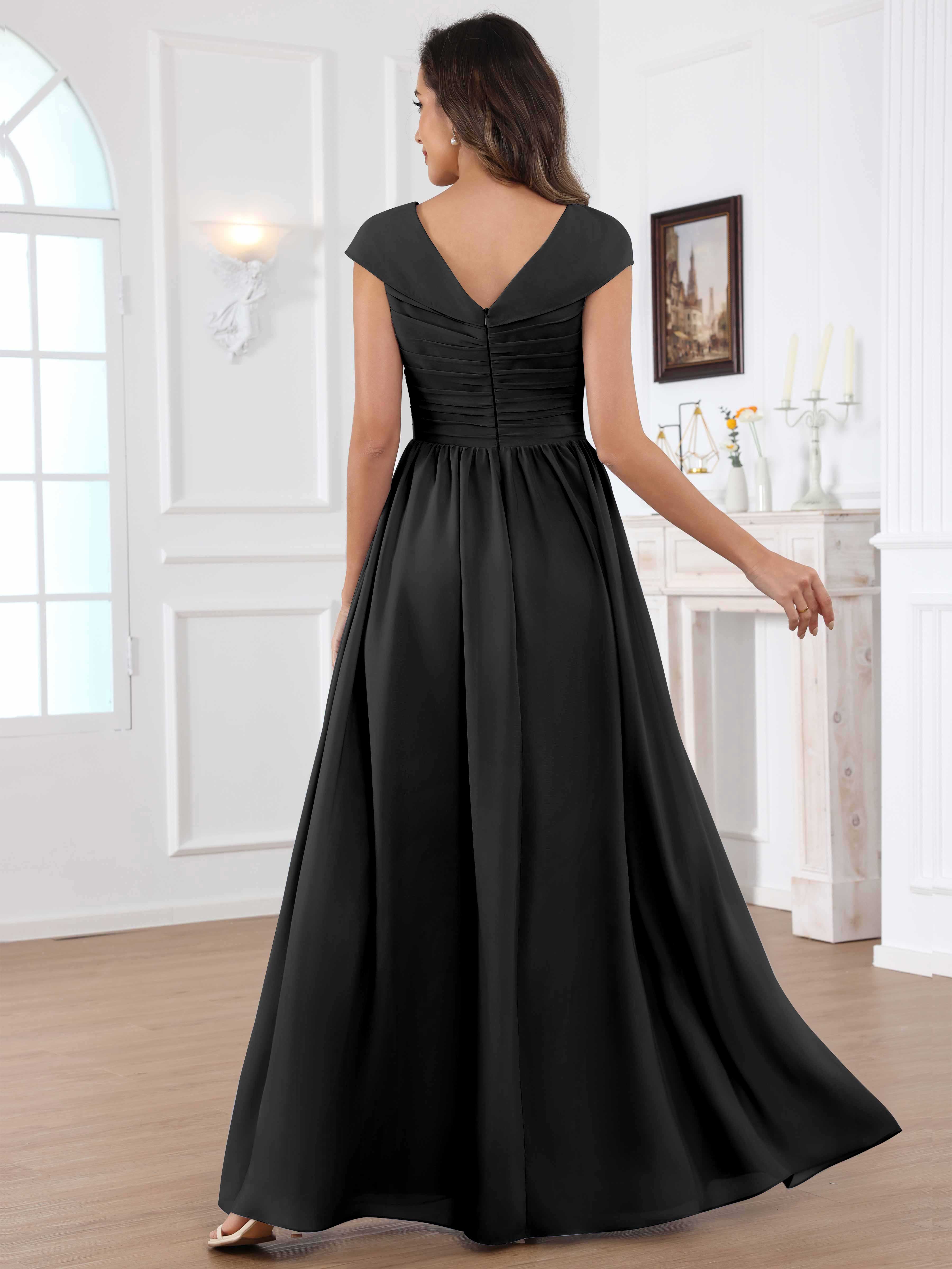 ROVDESY A-Line Cap Sleeves Pleated Chiffon Mother Of The Bride Dress