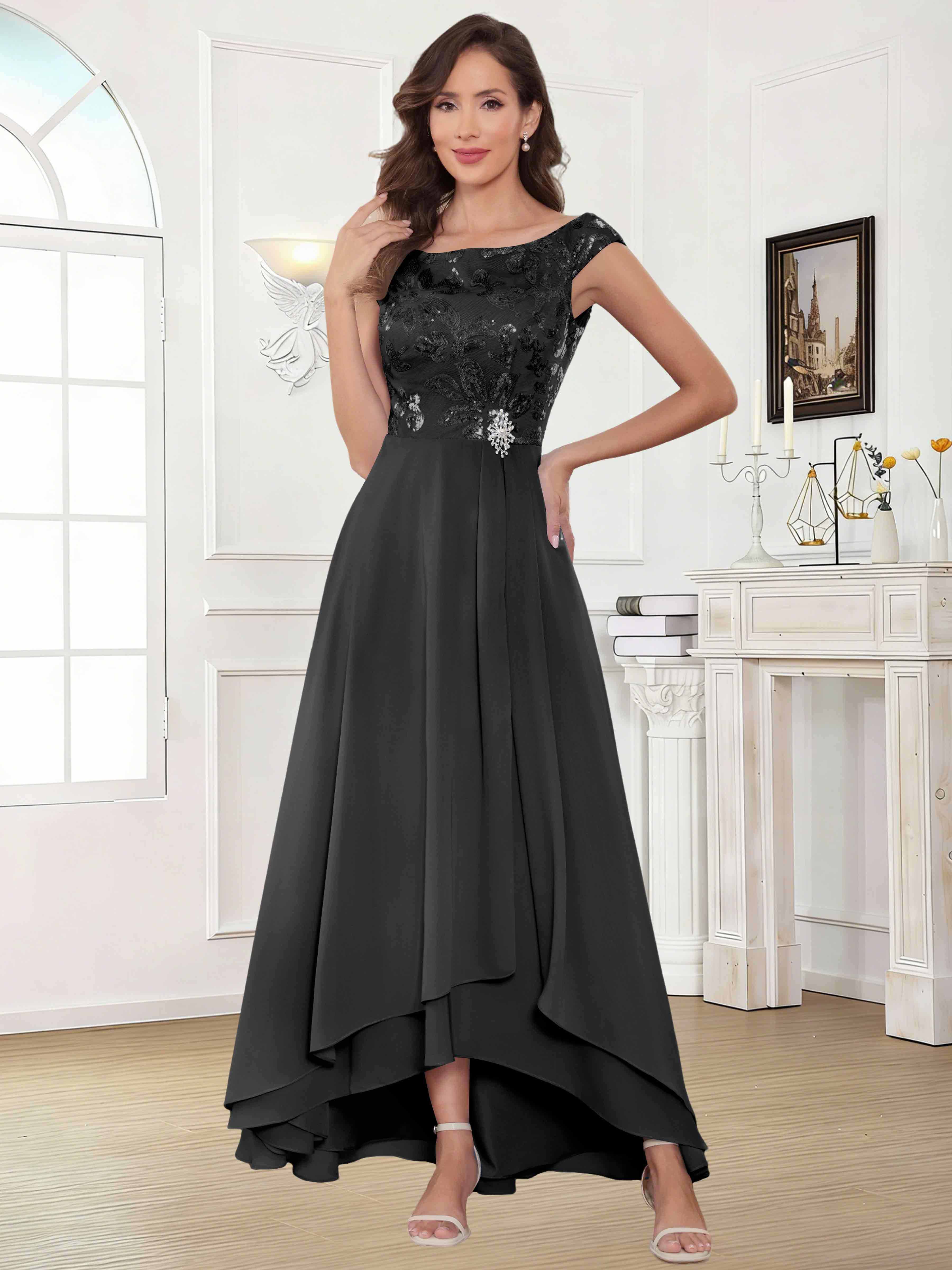 ROVDESY Tea Length Off-The-Shoulder Sequin Chiffon Mother Of The Bride Dress